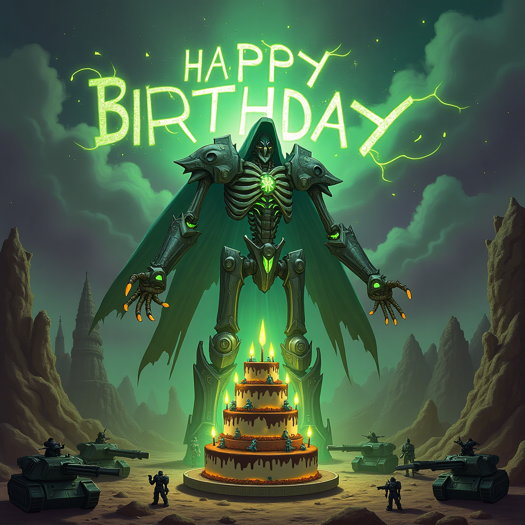 In the foreground of the card, a towering, intricately detailed Necron Overlord stands amidst a battlefield that seamlessly merges the fantastical and futuristic elements of the Warhammer 40k universe. The Necron, with its metallic, skeletal frame gleaming under a dim, alien sky, is adorned with arcane symbols and glowing green energy coursing through its joints. Behind this imposing figure, a ruined gothic cathedral, reminiscent of the imperium’s architecture, lies crumbled, with spires broken and stained-glass windows shattered, allowing beams of ethereal light to pierce through the dust and debris. 

Scattered across the ground are intricately modeled miniature battle tanks and space marines, painted with exquisite detail, each locked in a frozen tableau of an eternal battle. Amongst this, a large, elaborately decorated birthday cake, with layers crafted to resemble the rugged terrain of an alien planet, stands out. The cake is topped with sugar-crafted Necron warriors, brandishing tiny frosting-coated gauss weapons. 

Above this surreal landscape, the sky is painted with an otherworldly blend of dark purples and greens, swirling like a galactic nebula. Written within the clouds, as if shaped by an ancient cosmic force, are the words "Happy Birthday Gabriel Porter," each letter formed by tendrils of vibrant green energy that crackle subtly, resembling the eerie glow of Necron technology. This cosmic banner stretches across the sky, casting a glow over the scene, inviting Gabriel Porter into this mesmerizing blend of celebration and endless war.
Generated with these themes: Warhammer 40k, and Necrons.
Made with ❤️ by AI.