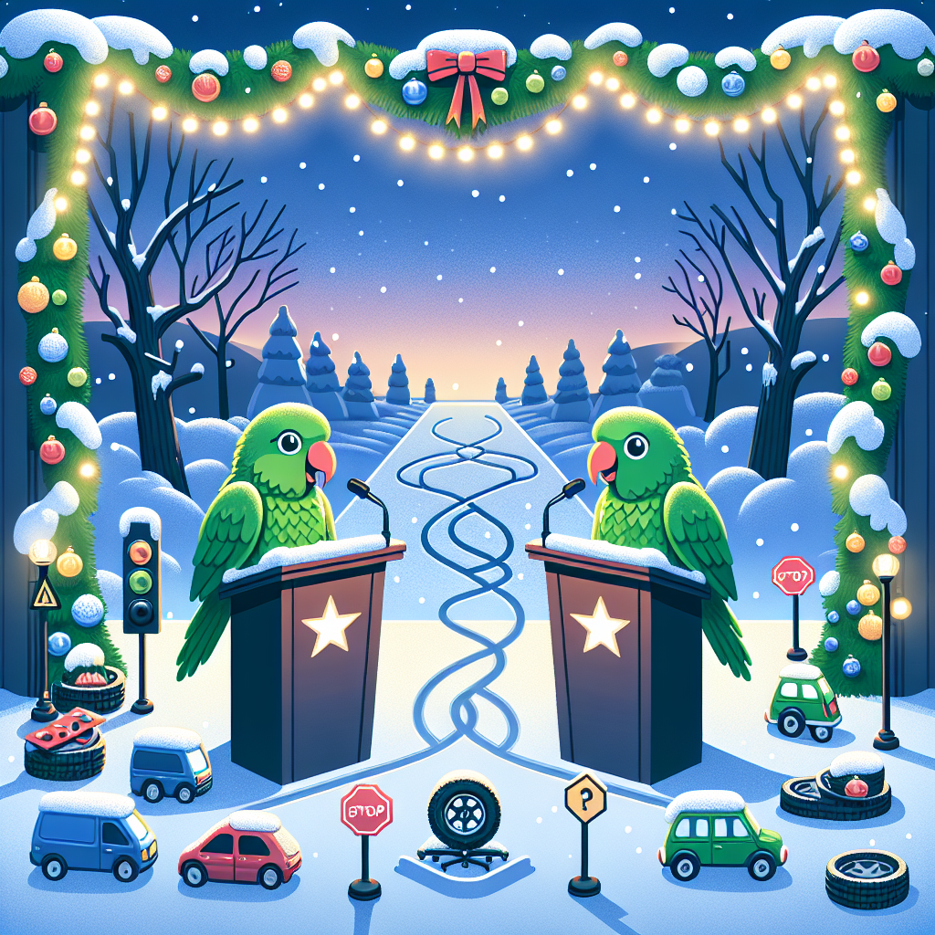 Debating, Green birds, and Bad driving (7b83b)}) Christmas Card