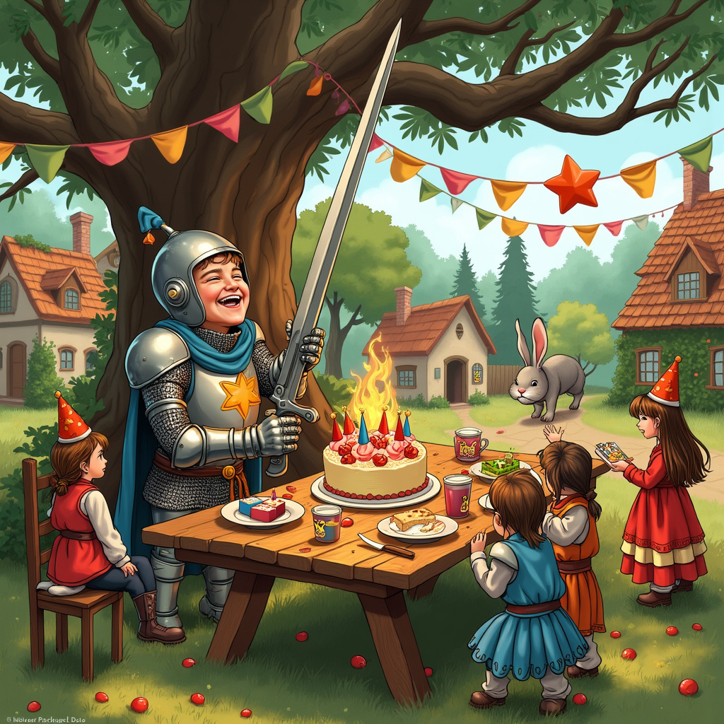 Certainly! Picture a vibrant and comical birthday party set in a whimsical medieval village, blending anachronistic elements with a playful twist on the classic birthday celebration. 

The scene is set outdoors, beneath a sprawling oak tree festooned with colorful, fluttering banners and garlands. At the heart of the gathering stands a long wooden table, laden with an assortment of treats and a grand birthday cake shaped like a dragon, complete with marzipan scales and flaming candy breath. Surrounding the table are a collection of quirky characters, reminiscent of Quentin Blake's exaggerated and playful figures, yet detailed with the intricate line work of Edward Gorey.

At the forefront, the birthday boy – a young knight-in-training no older than ten – is caught mid-laugh, brandishing an oversized, gleaming chainsword that's far too large for him but perfectly ridiculous for the occasion. His helmet, comically oversized and tilting precariously, obscures one eye, while his armor is a mismatched patchwork of medieval and modern elements, featuring knee pads adorned with cartoonish smiley faces.

Around him, his friends – a mix of children and anthropomorphic animals inspired by Beatrix Potter's charming critters – are engaged in various party activities. One child, a petite girl with pigtails, is attempting to slice her piece of cake with a mini chainsword, her face scrunched up in concentration. Nearby, a rabbit in a tiny tunic and cap is juggling juggling balls which have tiny birthday hats on them, reminiscent of the playful illustrations by Maurice Sendak.

In the background, the village is alive with quaint, fairy-tale cottages that would fit perfectly in a Maxfield Parrish painting, their thatched roofs and ivy-clad walls forming a picturesque backdrop. An old storyteller, looking like he walked out of an Arthur Rackham illustration, sits on a wooden stool by the tree, regaling a small audience with exaggerated tales of epic chainsword battles, his arms animatedly describing the action.

At the edge of the scene, a lively game of piñata is underway, with the piñata itself fashioned into the shape of a monstrous, yet endearingly goofy, dragon. One boy, wearing a blindfold that’s slipped to reveal one eye, is poised to swing at the piñata with a toy chainsword, while a pair of foxes in jesters' attire egg him on.

In the sky above, a couple of whimsical, vintage-style hot air balloons, perhaps nods to Norman Rockwell's sense of Americana, drift lazily by, their baskets brimming with cheerful party-goers who wave down at the festivities below.

This scene is bursting with playful anachronisms and detailed elements, ensuring it captures both the humor and joy of a birthday party infused with the fantastical charm of chainswords and medieval whimsy.
Generated with these themes: Chainswords.
Made with ❤️ by AI.