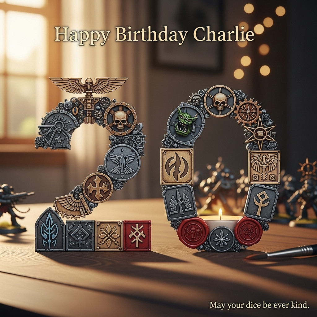 At the top of the Photorealistic picture taken from a camera image, Happy birthday Charlie

Ultra‑real 4K UHD photograph of a warm, sincere tabletop scene. Center frame: the number 20 carefully formed out of Warhammer icons—Imperial Aquila, Adeptus Mechanicus cog‑skulls, Inquisition I‑with‑skull, Chaos eight‑pointed stars, Space Marine chapter insignias, Ork glyph plates, Eldar and Necron runes, and wax purity seals—arranged into a crisp “2” and “0” on a rich wooden surface. The pieces are painted and lightly weathered in gunmetal, burnished brass, bone parchment, and crimson wax, with lifelike textures and tiny hobby details. Soft golden window light from the left, natural shadows, and a shallow depth of field; background falls into creamy bokeh with a few softly glowing string lights. Tasteful, heartfelt touches: a single tea‑light near the “0,” a fine sable brush, and a couple of neatly painted miniatures softly out of focus in the back. Shot on a full‑frame camera with a 50mm lens at f/2, accurate color, rich depth, high dynamic range, gentle vignette, and clean composition that celebrates the “20” centerpiece.

Small caption, bottom right in subtle metallic gold, one short line: May your dice be ever kind
Generated with these themes:  Warhammer icons in a number 20, and .
Made with ❤️ by AI.