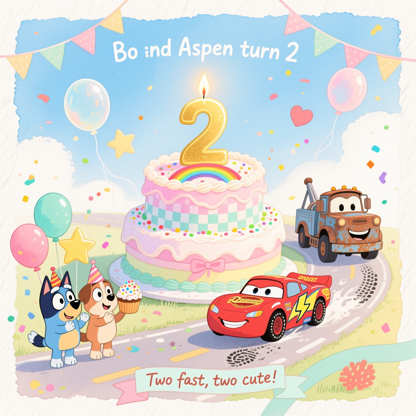 At the top of the Watercolor Style image, Bo and Aspen turn 2

A cute, whimsical watercolor birthday scene on textured cold-press paper: In the center, a plump two-tier cake that curls into a racetrack shaped like a big number 2, pastel icing with a soft checker ribbon and rainbow sprinkles, topped by a glowing golden “2” candle. Lightning McQueen (smiling red race car with a bright lightning bolt) and Mater (friendly rusty tow truck) zoom playfully around the cake on a faint watercolor road, leaving wispy tire-mark splashes. To the left foreground, Bluey and Bingo in tiny party hats, giggling and clapping, holding star balloons and a sprinkle cupcake, confetti fluttering around them. Pastel bunting arcs across the sky; translucent balloons float; star and heart confetti drift in the air.

Style notes: soft watercolor washes, delicate gradients, subtle pigment blooms, natural paper grain, light bleeding edges, minimal outlines, soft morning glow with gentle white highlights. Palette: sky blues, cotton-candy pinks, sunny yellows, mint greens, warm coral accents. Portrait orientation with airy negative space.

At the bottom, a tiny cheeky brush-script caption on a pastel ribbon: Two fast, two cute!
Generated with these themes: Bluey, Bingo, Lightening McQueen, Mater, cake, and .
Made with ❤️ by AI.