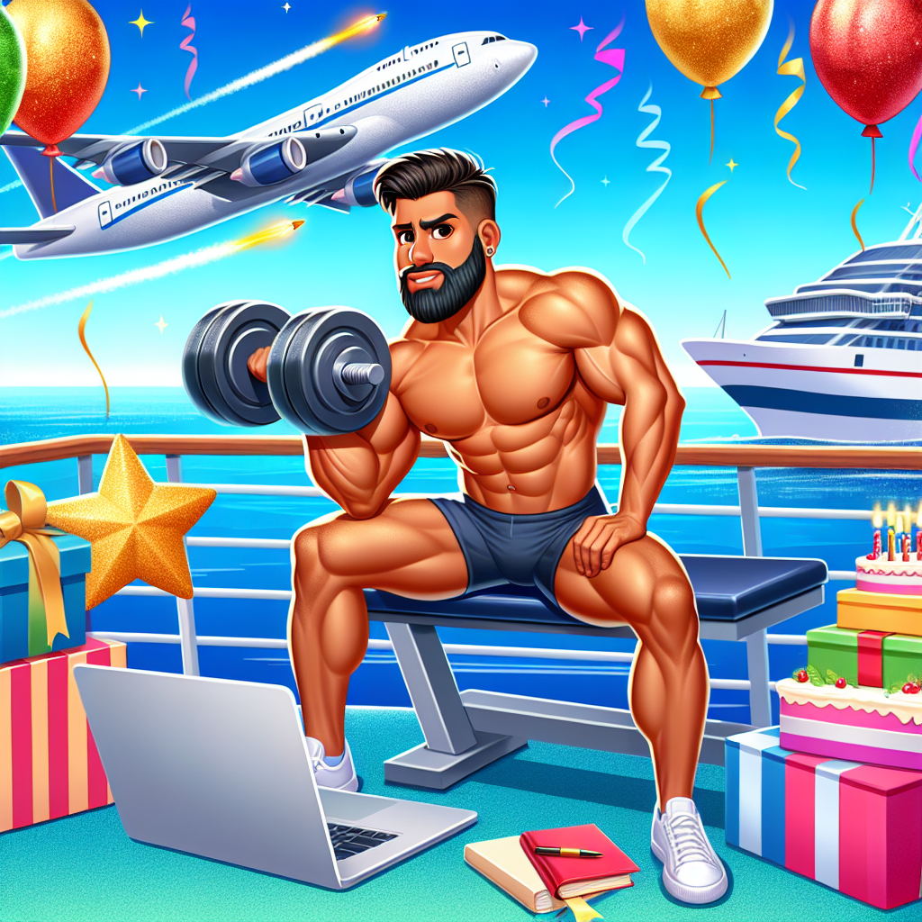 Gay man with brown hair and brown beard exercising, Cruise holiday, Laptop, and Aeroplane - travelling Birthday Card