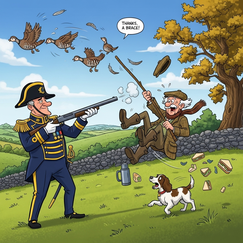 Playful cartoon illustration with exaggerated proportions, thick black outlines, bright saturated colors, and energetic poses. Portrait composition. Crisp English countryside: rolling green hills, hedgerows, a dry-stone wall, and a big oak under a bright blue autumn sky. Foreground: a pompous admiral in ornate navy-blue dress uniform with gold braid, shiny medals, and a bicorne hat, confidently raising a shotgun toward a flurry of partridges; soft muzzle puff, no gore. Directly behind him, an 80-year-old British gent in tweed jacket, flat cap, scarf and wellies, white hair and rosy cheeks, tipping backwards off a shooting stick—legs flailing, cap flying, thermos and sandwiches tumbling; a springer spaniel looks astonished. Partridges zoom past with wide-eyed, comedic expressions and a few drifting feathers. Add lively motion swooshes, squash-and-stretch, cel-shaded color, sunny highlights, and a cheerful, whimsical mood. Include only one small hand-lettered caption in the sky: “Thanks a brace!”
Generated with these themes: 80 year old man falling backwards off a shooting stick in the English countryside, whilst sitting behind an admiral shooting partridges, and .
Made with ❤️ by AI.