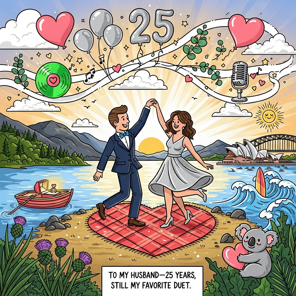 For my husband, 25years married, 1st fancy Al Greens let’s stay together, Honey moon Australia, , Proposed Loch lomand, and Anniversary Card
