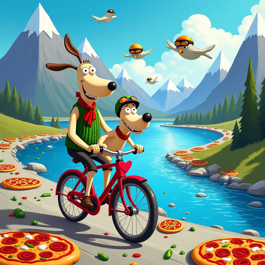 The scene unfolds in a vibrant cartoon style, echoing the whimsical energy of a Wallace and Gromit adventure infused with a splash of Gary Larson's quirky humor. In the foreground, Wallace, with his distinctive oversized features—wide eyes, a bulbous nose, and a toothy grin—sits perched on a tandem bicycle. He is wearing his classic green knit vest and red tie, looking ready for a delightful day out.

Beside him, on the back seat of the bicycle, is Gromit, the ever-patient dog. Gromit is wearing a cyclist's cap that sits snugly between his floppy ears and a matching scarf, lending a dash of dapper charm. His eyebrows are raised in that typical Gromit fashion, suggesting his eternal readiness for adventure.

The bicycle they ride is a vibrant red, exaggerated with oversized wheels that give it a cartoonish flair. The frame is adorned with heart-shaped reflectors, nodding to the Valentine's Day theme.

The backdrop is a stunning landscape, inspired by Winsor McCay’s dreamscapes, featuring a series of towering, majestic mountains. Their peaks are capped with snow, a playful nod to Hergé's Tintin adventures. The colors are bold and vibrant—deep blues and purples interspersed with the white of the snow.

A sparkling river snakes through the scene, winding around the base of the mountains. Its surface shimmers with a playful use of blues and silvers, capturing the light in a dynamic, animated way reminiscent of classic Disney animations.

Scattered along the riverbank are large, exaggerated cartoon-style pizzas—think R. Crumb's bold, exaggerated detailing. The pizzas are topped with colorful, oversized pepperonis, green peppers, and mushrooms, all drawn in vivid detail, evoking the artistry of Bill Watterson.

In the sky, cartoon birds—stylized in a way that nods to Schulz's Peanuts—fly in a playful V formation. They wear tiny helmets and goggles, adding to the cycling theme, their wings flapping rhythmically.

Overall, the card is a celebration of vivid color and exaggerated features, a joyous, humorous take on Valentine's Day with nods to cycling, pizza, and beloved characters, ensuring it stands out with a quirky and delightful appeal.
Generated with these themes: Mountains, River, Wallace and gromit, Cycling, and Pizza.
Made with ❤️ by AI.