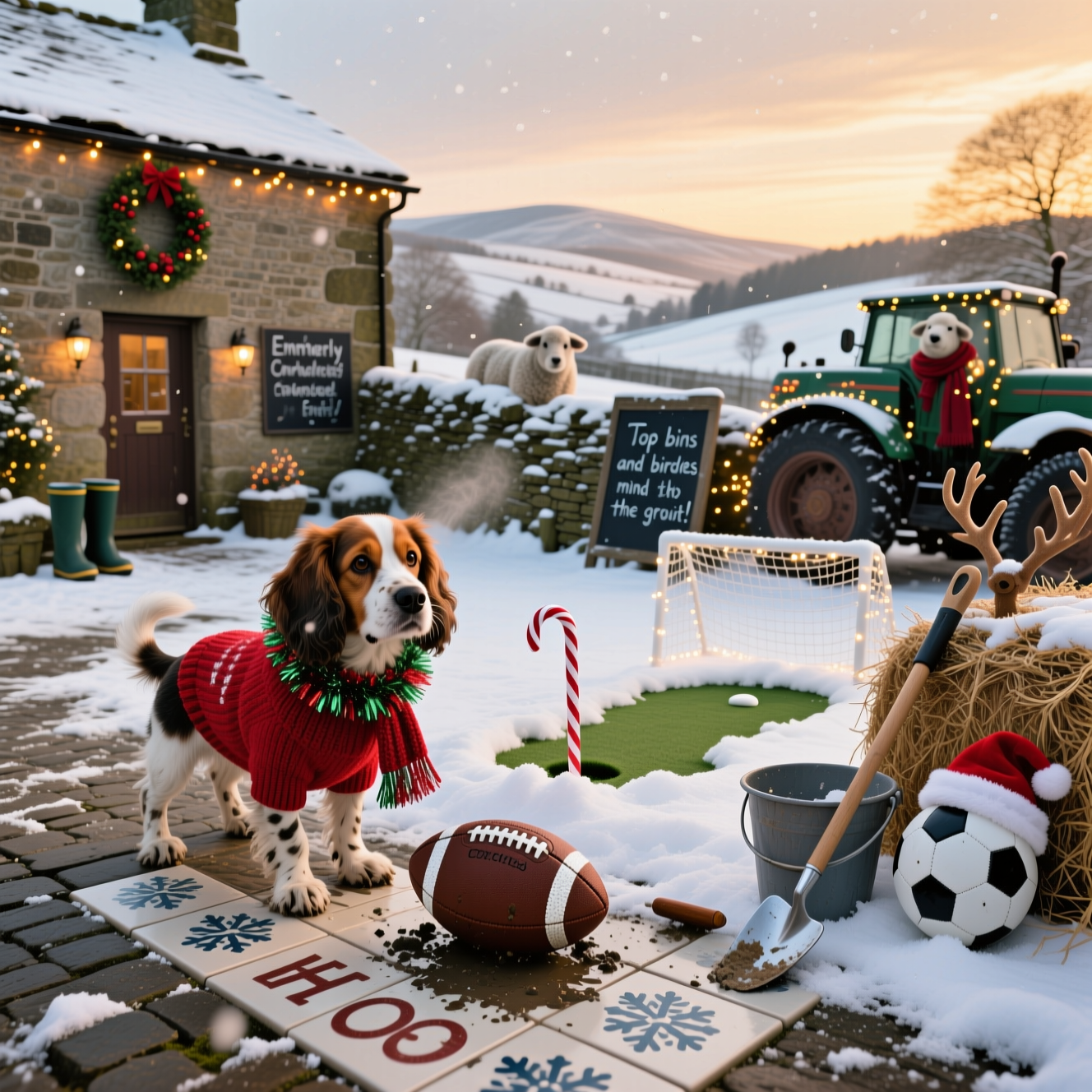At the top of the Photorealistic picture taken from a camera image, Merry Christmas Rachael & Neil!

Ultra-high-definition 4K UHD, true-to-life winter scene with accurate lighting, lifelike textures, and rich depth of field. A snowy Emmerdale Farm–style Yorkshire stone farmyard at golden hour: dry-stone walls, a stone barn with a holly wreath and warm fairy lights, rolling dales in the distance. Center foreground, a mischievous Cockashitzu (Cocker Spaniel–Shih Tzu mix) in a red knitted jumper and tinsel scarf dribbles a muddy full-size football toward a tiny snow-carved putting green; the ball is comically wedged half over the hole with a candy-cane flag marked “25,” and a fairy-lit mini goal net sits just beyond. On the cobbled yard, fresh ceramic floor tiling forms a festive HO HO HO mosaic path; snowflake tile spacers, a notched trowel, and a grout bucket sit beside it. A putter and sand wedge (one wearing a Santa hat) lean against hay bales; a spare football sports reindeer antlers. Subtle snowfall, dog’s breath visible in the crisp air, playful eyes straight into the lens. Emmerdale village life cues: wellies by the door, a vintage tractor wrapped in lights, two scarf-wearing sheep peeking over a wall. On a rustic chalkboard by the barn door, hand-letter this cheeky one-liner: “Top bins and birdies, mind the grout!” Natural color, clean contrast, realistic shadows, 50mm full-frame perspective at f/8, ISO 200, 1/500s; sharp foreground with gentle falloff into the background—festive, funny, and warmly photoreal.
Generated with these themes: Emmerdale Farm Cockashitzu tiling football golf, and .
Made with ❤️ by AI.