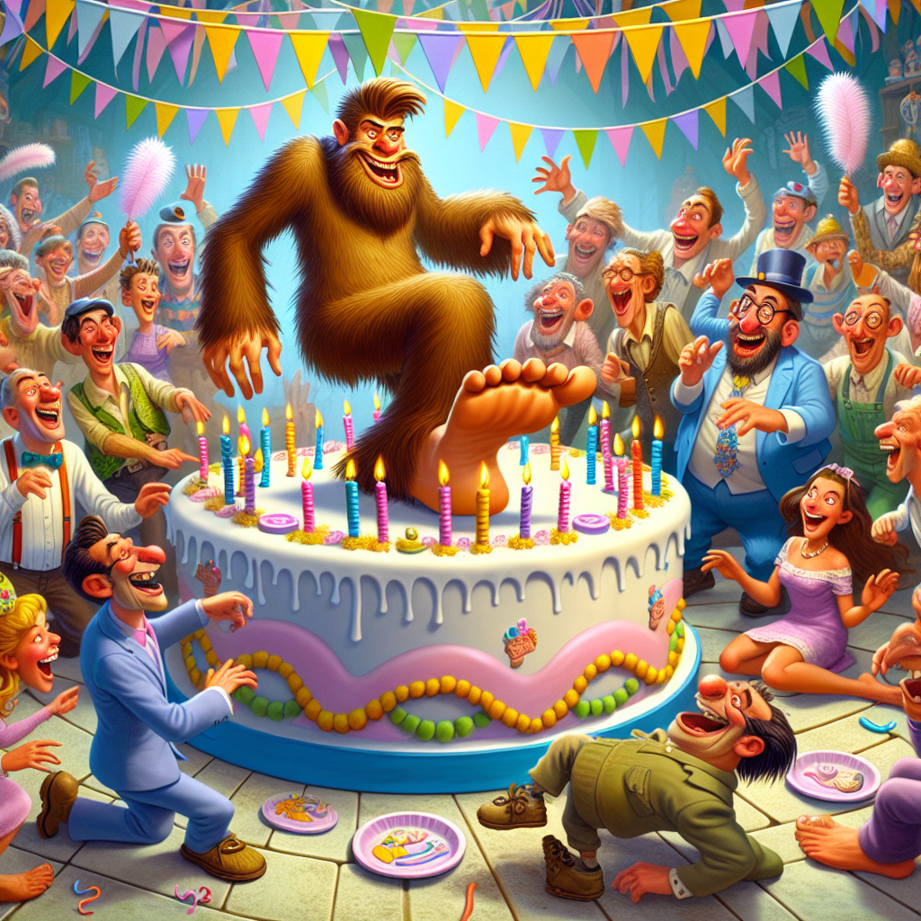 The scene presents a lively and vivid cartoon celebration of a birthday party. The setting is dominated by a magnificent cake adorned with peculiar, exaggerated candles shaped like feet. Amidst the chuckles and joy, a comical portrayal of an unidentified individual wearing humorous 'bigfoot' slippers is the center of attention, chasing other delighted characters holding feathers for tickling. Their interaction induces an amusing atmosphere that goes in line with the eccentric 'feet' theme of the party.
Generated with these themes: Bestie, and Feet.
Made with ❤️ by AI.