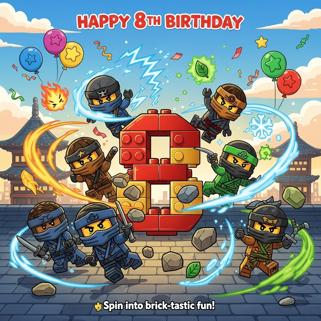 At the top of the Cartoon Style image, Happy 8th Birthday

Cute, playful cartoon scene in bright, saturated colors: a team of chibi, brick-built ninja heroes inspired by LEGO Ninjago whirl in energetic, whimsical poses around a giant number 8 made of glossy red-and-gold toy bricks. Exaggerated proportions (big heads, tiny bodies), thick black outlines, and big expressive eyes behind colorful masks. Swirling elemental effects—friendly fire ribbons, crackling blue lightning squiggles, sparkling ice flakes, floating green energy leaves, and chunky earth pebbles—spiral like confetti around the 8. Background: a cheerful toy-brick pagoda rooftop and skyline at golden hour, stud-shaped balloons, streamers, and star-shaped balloons drifting in the sky; glossy plastic shine and soft bounce lighting. Keep it cute and non-violent (no sharp weapons). At the bottom in a small playful caption: Spin into brick-tastic fun!
Generated with these themes: Lego ninjago, and .
Made with ❤️ by AI.