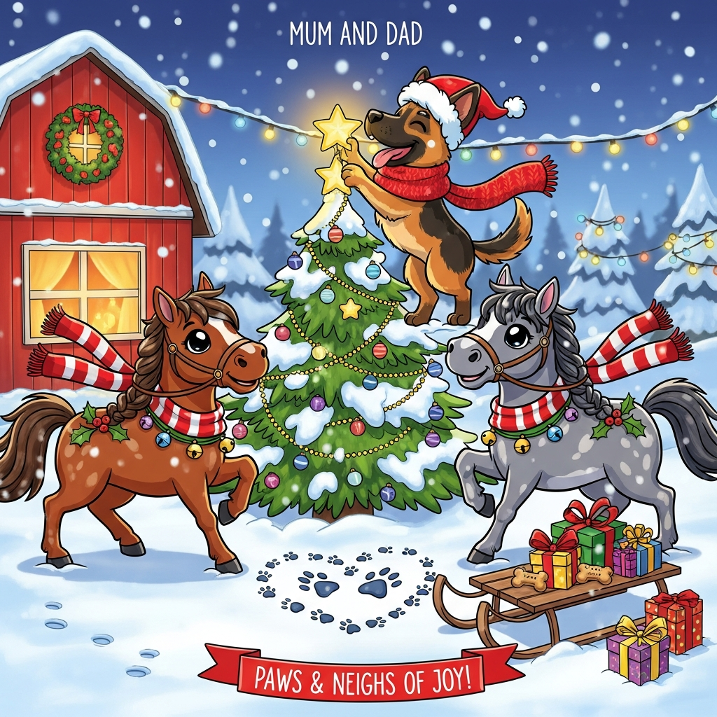 At the top of the Cartoon Style image, “Mum and Dad”

A cute, playful Christmas Cartoon Style scene with exaggerated proportions, thick bold outlines, bright saturated colors, and whimsical, energetic poses: a beaming German Shepherd in a fluffy red Santa hat and oversized knit scarf balances on hind legs to place a glowing star atop a snowy, ornament-laden pine tree. Two cheerful horses (one chestnut, one dapple gray) prance on either side, big sparkling eyes and rosy cheeks, candy-cane striped scarves fluttering, little jingle bells on their bridles, manes braided with holly and twinkling fairy lights. Fresh snow falls in chunky, sparkly flakes; pawprints and hoofprints curl together into a heart shape in the foreground. A wooden sled piled with brightly wrapped gifts and dog biscuits sits nearby. Background: a cozy red barn with a wreath and warm golden window glow, string lights draped between snowy firs under an icy blue evening sky. High-contrast, glossy highlights, soft ambient glow and gentle rim light, super-cute expressions, vibrant candy reds, holly greens, icy blues, and warm golds for an irresistibly festive, adorable finish. At the bottom, in a small ribbon banner, playful hand-lettering: “Paws & Neighs of Joy!”
Generated with these themes: German shepherd, Horses , and .
Made with ❤️ by AI.