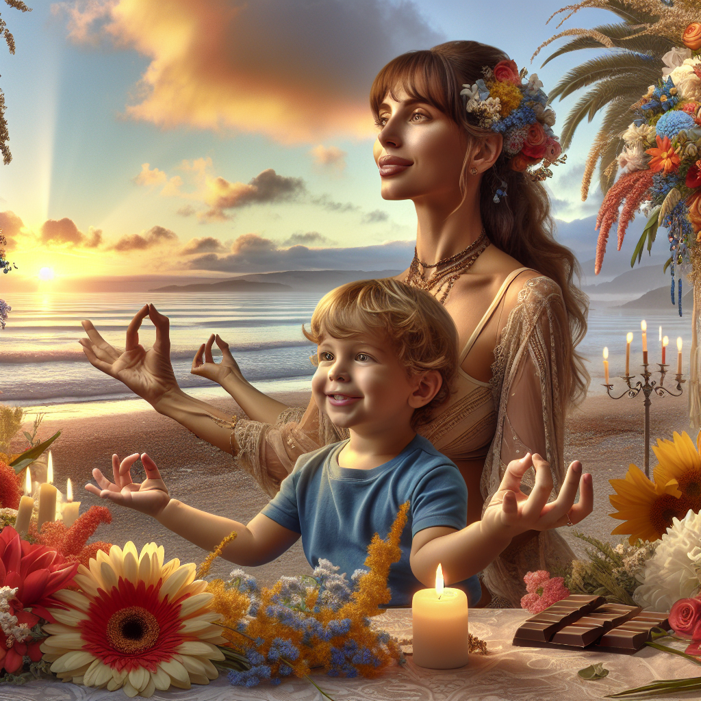 Envision an early morning birthday celebration by the seaside, where the sky is graced by the first golden beams of sunlight. Amidst this charming landscape, a Caucasian woman with brown hair embodies serenity as she performs yoga, fully embracing the splendor of nature around her. Adding a sprinkle of joyful innocence to the scene is a Caucasian boy toddler, his cherubic smile truly captivating. Clusters of diverse flowers bloom, weaving a colorful tapestry of floral beauty against the calming vista of the sea. The inviting fragrance of chocolates fills the air, pointing to an aura of sweetness, with candles gently glowing, symbolic of the love and light brought by another year of existence.
Generated with these themes: White mother with brown hair doing yoga, White boy toddler smiling, Flowers, The sea, Chocolates, Sunrise, and Candles.
Made with ❤️ by AI.