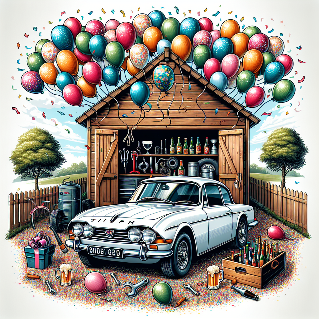 White Triumph Stag, Tools, Shed, and Beer Birthday Card