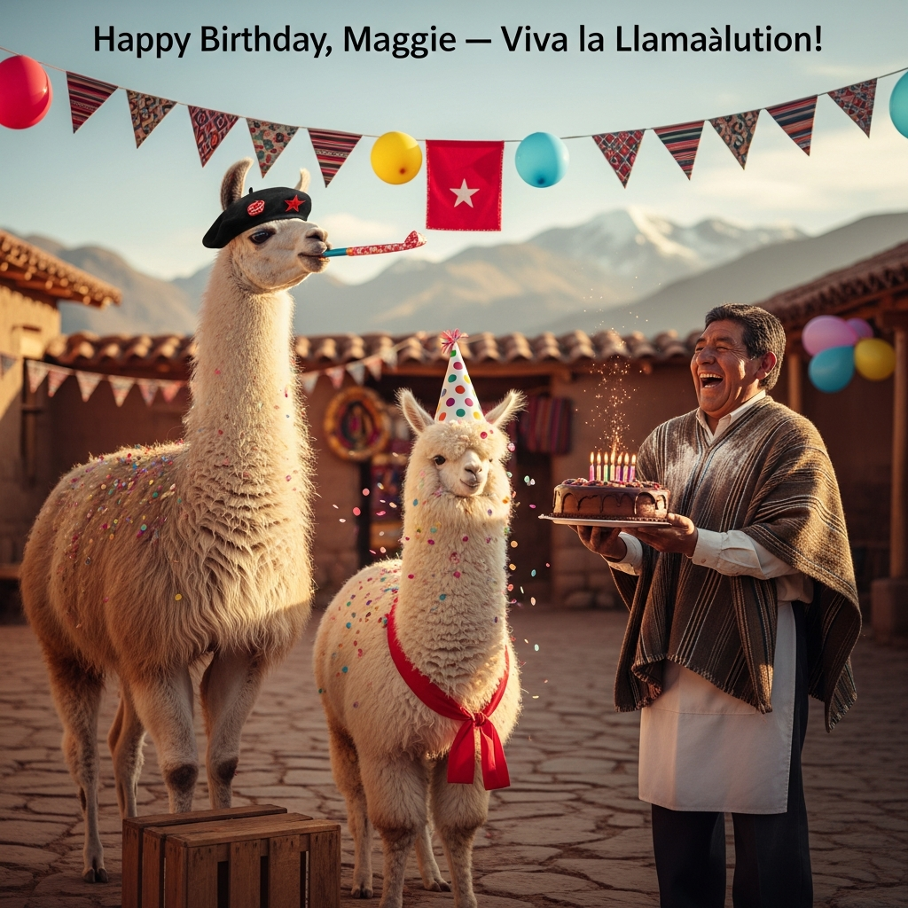 At the top of the Photorealistic picture taken from a camera image, “Happy Birthday, Maggie — Viva la Llama‑lution!”

Ultra-high-definition 4K UHD realistic photograph capturing a funny birthday moment in a sunlit Andean village plaza at golden hour. Foreground center: a charismatic llama stands atop a wooden crate like a tiny podium, wearing a small black beret with a subtle red star pin and a bright party blower, mid-bleat as if giving a rousing speech. Beside it, a fluffy alpaca with immaculate, lifelike wool wears a polka-dot party hat and a festive red sash; both are dusted with colorful confetti. To their right, Juan, a cheerful Andean baker in a wool poncho and flour-dusted apron, laughs while presenting a rich chocolate birthday cake with sparkling candles. Overhead: strings of bunting, balloons, and a simple red fabric banner with a single star; behind them, handwoven Andean textiles, adobe walls, and distant snow-capped peaks melting into creamy bokeh. Natural golden rim light ignites the fur edges; crisp detail in eyelashes, muzzles, cake frosting, and wood grain. Shot on a full-frame DSLR, 50mm lens, f/2.8, ISO 100, 1/500s; shallow depth of field, accurate lighting, lifelike textures, and rich dynamic range. Composition: rule of thirds with the llama’s face near a top-left intersection; humorous contrast between “revolutionary rally” posture and birthday-party props. No additional text anywhere else in the scene; photorealistic, clean, high-resolution.
Generated with these themes: Alpaca , Marxist , Llama , Juan, and .
Made with ❤️ by AI.