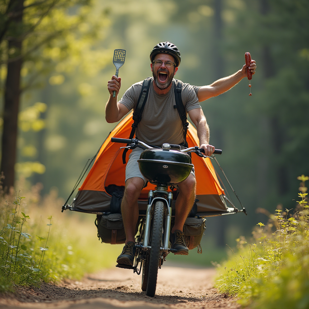 At the top of the Photorealistic picture taken from a camera image, include the text "Fathers Day."

**Image Prompt:**

Capture a lively and humorous scene depicting a father trying to balance his love for cycling, camping, and BBQ all at once. Picture a dad riding a bicycle through a scenic forest trail, with a tent awkwardly strapped to the back of the bike and a small grill mounted in front. The bike is comically overloaded with camping gear, skewed at an angle due to the weight, yet the father has a big, determined grin on his face. In one hand, he's holding a spatula triumphantly like a baton, with a few sausages humorously trailing behind him, as if about to fall off the grill. The setting is lush and vibrant with sunlight filtering through the trees, adding depth and warmth to the scene. In the bottom corner, add the caption: "BBQ-ycle Touring: Because Dad Can Handle It All!" 

This ultra-high-definition 4K UHD photograph should be filled with accurate lighting, lifelike textures, and rich depth of field to bring out the humor and charm in this father's multitasking adventure.
Generated with these themes: Cycling, camping, BBQ, and .
Made with ❤️ by AI.