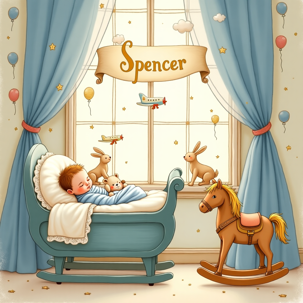 The front cover of the greeting card features a delightful and intricate hand-drawn illustration in a style reminiscent of Beatrix Potter, with touches of Maxfield Parrish’s enchanting color palette. This scene is set in a quaint nursery room with a whimsical and timeless charm.

**Foreground:**
- A cozy wooden cradle with gentle carvings and delicate lace trimmings, painted in a soft, powdery blue, holds the central focus. The cradle's interior is adorned with plush, cream-colored bedding and a hand-knitted, light blue baby blanket peeking out.
- An adorable baby boy, swaddled in the blanket, peacefully sleeps with a tiny, whimsical stuffed bear, whose fur is a mix of gentle browns and creams.

**Midground:**
- Beside the cradle, a charming wooden rocking horse with a golden mane and tail, and saddle straps painted in a gentle azure hue, stands ready for future adventures.
- A small, vintage-style mobile dangles above the cradle, featuring tiny, intricately drawn airplanes and soft clouds, painted in pastel blues and whites.

**Background:**
- A lovingly illustrated wallpaper showcases a parade of sweetly drawn bunnies and balloons, inspired by the work of Beatrix Potter, in soft, muted tones of ivory, gentle sage, and dusty rose.
- A window, with curtains made of delicate sheer fabric in a subtle blue check, lets in a cascade of soft, golden sunlight, reminiscent of Maxfield Parrish’s use of light, casting gentle shadows and highlights throughout the room.

**Text:**
- Across the window's top, a whimsically hand-drawn banner floats gracefully, spelling out "Spencer" in a playful, cursive font. The letters are delicately adorned with tiny stars and clouds, in a harmonious palette of sky blue and creamy white, perfectly complementing the nursery theme.

The entire composition is outlined with fine, expressive lines, capturing the minute details with a touch of Maurice Sendak’s narrative style, yet maintains a warm, inviting ambiance through a balanced palette of soothing, vintage-inspired colors.
Generated with these themes: baby boy .
Made with ❤️ by AI.