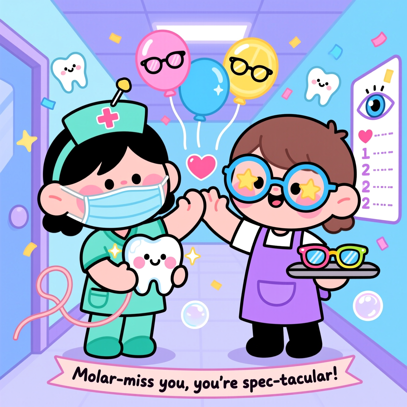 Kawaii style characters, Dental nurse, Optical assistant, and Farewell Card