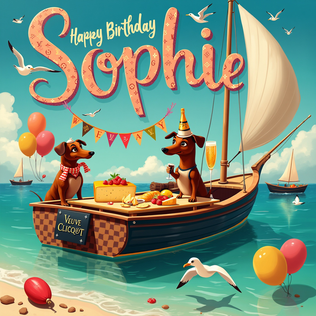 The front cover of the birthday greeting card for Sophie bursts with whimsical delight and vibrant colors, presenting a seaside birthday extravaganza. A sleek, luxurious boat adorned with Louis Vuitton patterns floats gently on crystal-clear turquoise ocean waters. Perched on the deck is a long cheeseboard overflowing with a variety of cheeses, fruits, and crackers, inviting all to indulge. A cheerful sausage dog wearing a chic Louis Vuitton scarf stands on its hind legs near the cheeseboard, eagerly eying the treats.

In the foreground, a second sausage dog, donning tiny fishing overalls, holds a comically oversized marlin fishing rod with a sparkling Veuve Clicquot champagne bottle hooked at the end. The cork is ready to pop, adding a festive touch. On the boat's mast, a colorful “Happy Birthday Sophie” banner flutters in the gentle breeze, each letter made of a different vibrant color. 

Above the scene, fluffy white clouds in a brilliant blue sky spell out “Sophie” in elegant script. Seagulls, some wearing tiny sailor hats, fly around the name, adding to the seaside charm. In the background, smaller boats, some with their sails catching the wind, add depth to the ocean setting. Balloons in assorted colors float around the boat, completing the celebratory ambiance.

Each element is meticulously detailed, from the texture of the sausage dogs' fur to the intricate patterns of the Louis Vuitton boat and the sparkling effervescence of the champagne bottle. The scene combines luxury and whimsy, ensuring Sophie's birthday card is a memorable work of art.
Generated with these themes: Sausage Dogs, Louis Vuitton, Veuve Clicquot, Marlin Fishing, Cheeseboards, Boats, and The Ocean.
Made with ❤️ by AI.