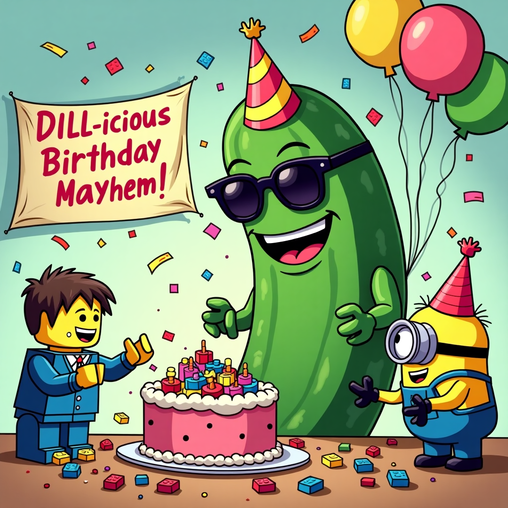 Pickle, Lego figure, and Minion Birthday Card