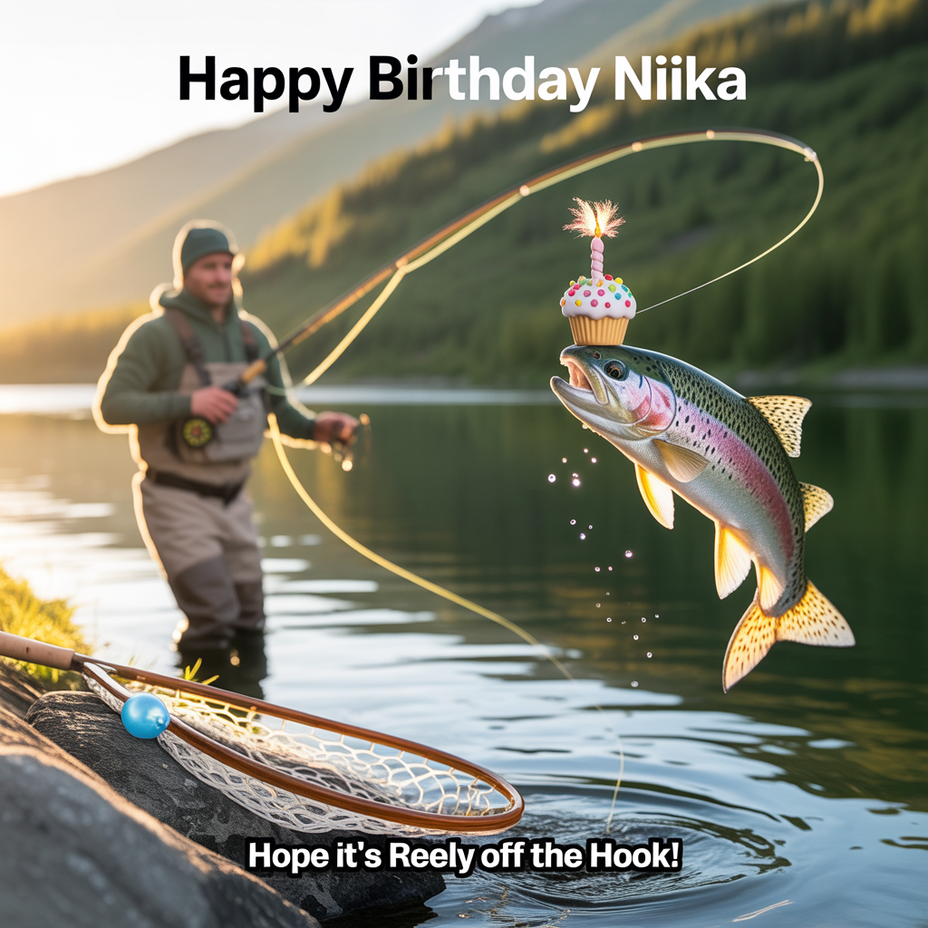 At the top of the Photorealistic picture taken from a camera image, "Happy Birthday Niika"

At the bottom of the Photorealistic picture taken from a camera image, "Hope it's reely off the hook!"

Ultra-high-definition 4K UHD photorealistic scene at golden hour on a clear mountain river: an angler in chest waders mid-stream, mid-cast, with a luminous S-curve of fly line arcing through warm backlight. The tippet carries a novelty “cupcake fly” (tiny frosting swirl, colorful sprinkles, a little feather like a candle flame) skimming the surface. A rainbow trout breaches toward it, water droplets frozen midair and sparkling, scales iridescent. On the rocky bank, a landing net leans beside a creel with a few fish-shaped helium balloons gently tugging their strings—subtle birthday vibe. True-to-life textures: wet neoprene, cork grip, braided fly line, ripples and foam, mist above the water; rich depth of field with creamy forest bokeh behind, crisp focus on the cast and the leaping trout. Natural color grading, high dynamic range, accurate lighting, no motion blur. Leave generous negative space in the sky/river gradient for text placement. Text styling: bold white sans-serif headline at the top with a soft drop shadow for legibility; playful smaller white punchline at the bottom, centered. Shot on a full-frame camera, 85mm lens, f/2.8, ISO 200, 1/1000s.
Generated with these themes: Fly fishing, and .
Made with ❤️ by AI.