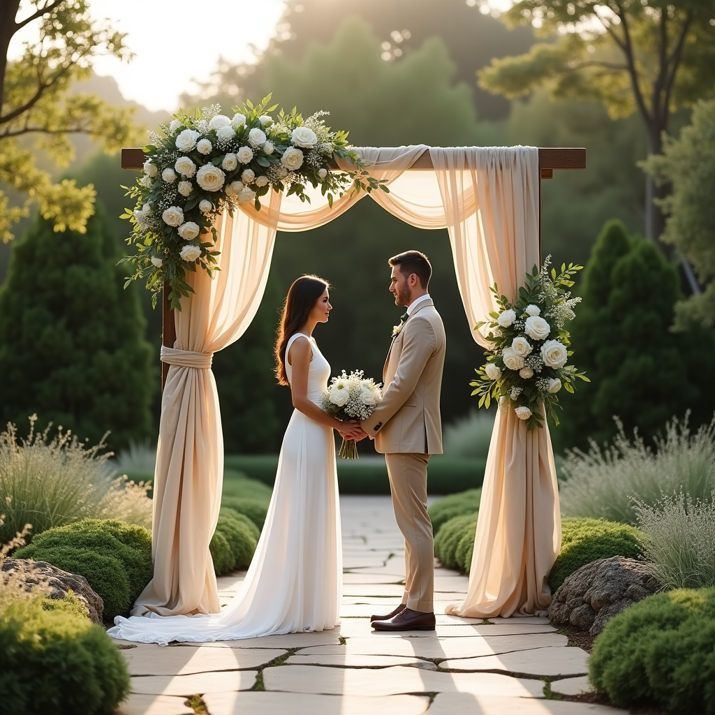 **Prompt:**

A realistic photograph of a solemn wedding ceremony set in a serene botanical garden at golden hour. The bride and groom stand under a modern, minimalist wedding arch draped with flowing beige linen and intertwined with soft greenery and pale ivory blooms — roses, eucalyptus, and baby’s breath. Around them, the garden is lush and tranquil, with carefully landscaped greenery in muted green tones, and natural stone paths blending seamlessly into the setting. Soft natural lighting casts a gentle glow, emphasizing the emotion of the moment. The bride wears a simple, elegant gown and holds a cascading bouquet in white and green hues, while the groom wears a tailored beige suit. The scene evokes a quiet reverence, with the background slightly blurred to highlight the couple as the focal point.
Generated with these themes: greenery, flowers, modern design with beige, green colors.
Made with ❤️ by AI.