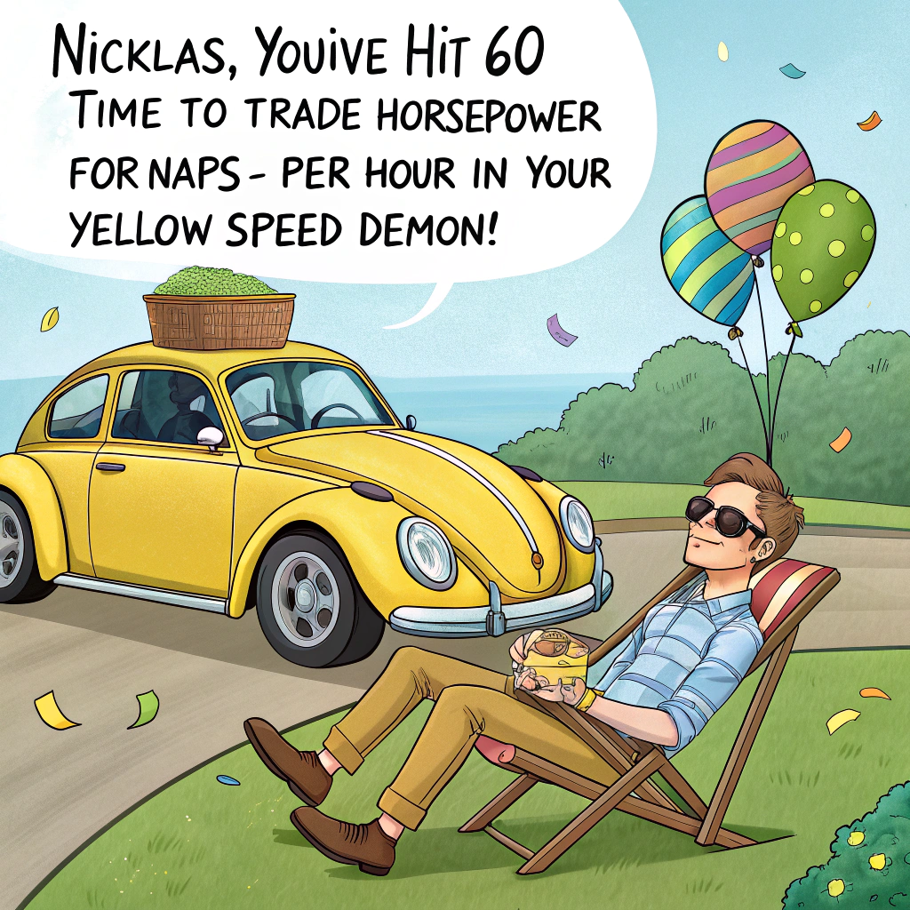 At the top of the image, "Nicklas, you've hit 60 — time to trade horsepower for naps-per-hour in your yellow speed demon!"

– Illustrate a humorous cartoon scene where a bright yellow VW Beetle, decked out with oversized birthday balloons and "Just Turned 60!" streamers, is parked beside a snoozing Nicklas in a lawn chair, wearing party sunglasses and holding a slice of cake in one hand, with his other hand still on the Beetle's keys. A turtle wearing racing stripes overtakes the car in the background.
Generated with these themes: Yellow vw beetle, and 60.
Made with ❤️ by AI.