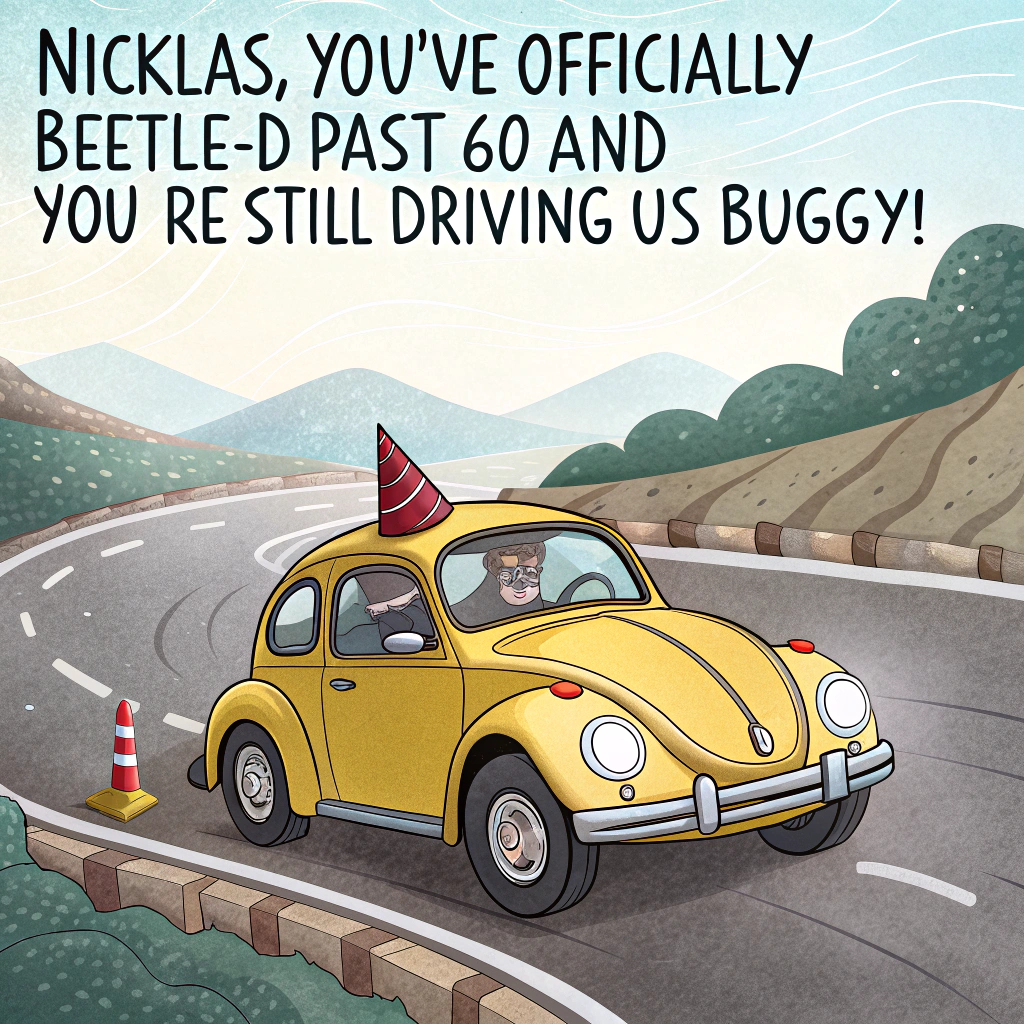 At the top of the image, "Nicklas, you've officially Beetle-d past 60 – and you’re still driving us buggy!"

– In the center of the image, draw a cheerful, cartoon-style yellow VW Beetle with oversized comical features (like googly headlights and a cheeky smiley front bumper), cruising along a winding road made of birthday candles.

– The driver’s seat shows a cartoon version of Nicklas with party sunglasses, a cone hat slightly askew, and a determined look as confetti explodes from the windows.

– A trail of balloons in the shape of “60” float behind the Beetle like exhaust, and one wheel is stuck in a slice of cake instead of the road. A roadside sign reads, “Over the Hill… Next Exit.” 

– Add little roadside critters waving flags that say “Still kickin’!” and “HONK if you're wrinkly!”
Generated with these themes: Yellow vw beetle, and 60.
Made with ❤️ by AI.