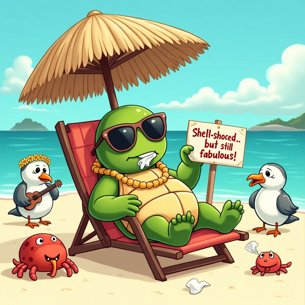 **Prompt:**

A humorous illustration of a Hawaiian turtle lying on a beach recliner under a tiny palm-leaf umbrella, wearing oversized sunglasses and sipping coconut water through a curly straw. The turtle looks dramatically tired and a little melodramatic, holding a tiny tissue with one flipper, as a small crab hands it another. A beach sign nearby reads, “Shell-shocked… but still fabulous.” Seagulls in the background wear leis and look overly concerned, as one plays a ukulele sadly. Bright tropical colors, warm beach vibes, and exaggerated expressions create a funny-yet-sympathetic scene.
Generated with these themes: Hawaiian turtle, and Beach.
Made with ❤️ by AI.