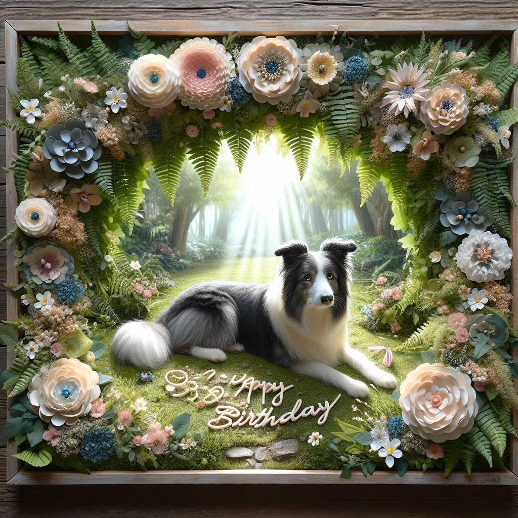 Create an image of a charming birthday scene located in a garden bathed in sunlight. At the center, a realistic border collie is resting, its fur blending harmoniously with the nearby ferns and flowers. The dog is looking with love at an enchanting arrangement of flowers that creates a lush arch, insinuating a passageway to wondrous birthday surprises. This bucolic setting is encased by a rustic wooden frame, underlining the theme's organic and adorable aesthetics.
Generated with these themes: Border collie, and Flowers .
Made with ❤️ by AI.