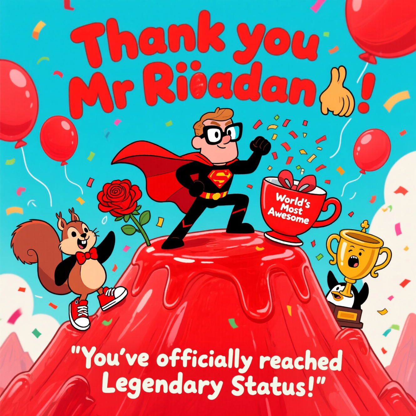 At the top of the Cartoon Style image, write in big playful bubble letters: **Thank you Mr Riordan 🙏**.  

Create a vibrant, funny cartoon scene dominated by bold *red* tones: a heroic, slightly over-the-top cartoon Mr Riordan dressed in a dazzling red superhero cape and oversized glasses, dramatically posing on top of a giant red jelly mountain. Around him, quirky animal sidekicks (a mischievous squirrel with a red bow tie, a penguin wearing red sneakers) are showering him with ridiculous “thank-you” gifts — giant red roses, a comically huge red teacup, and a trophy that just says “World’s Most Awesome”. The background should burst with playful details — red balloons floating away, confetti swirling, and exaggerated facial expressions all around. At the bottom, in a hand-drawn style, add a cheeky line: **"You’ve officially reached Legendary Status!"**.
Generated with these themes: Red, and .
Made with ❤️ by AI.