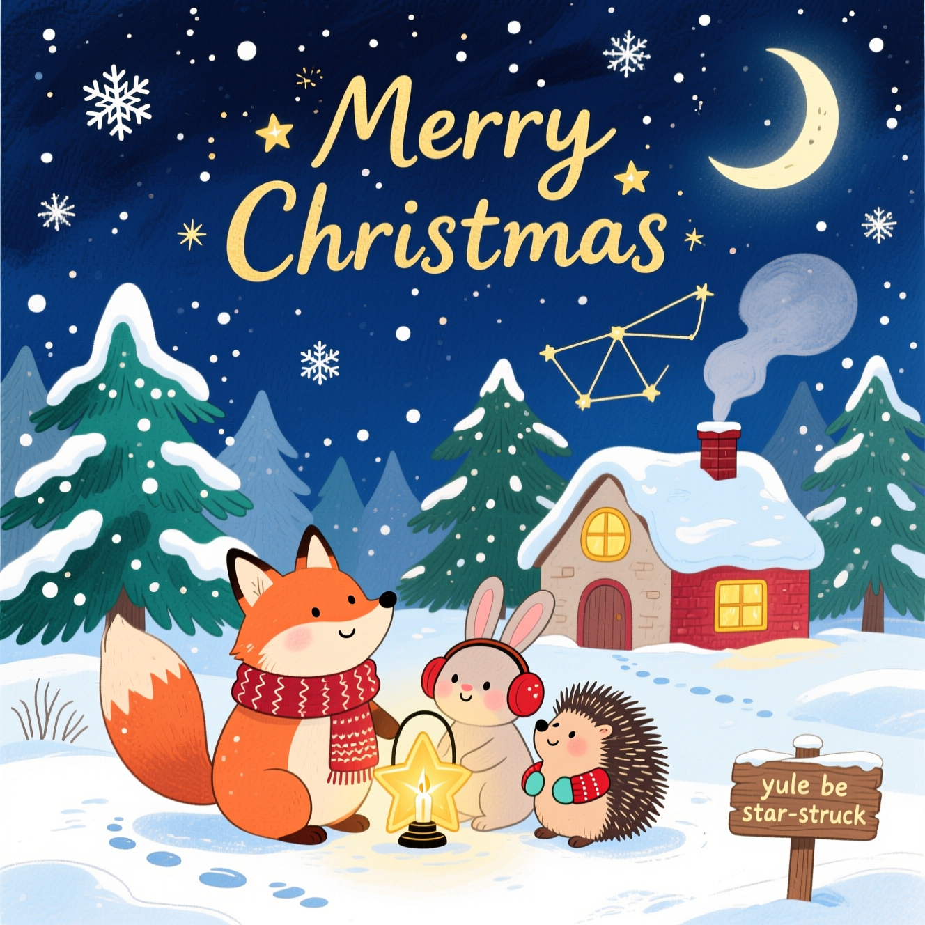 At the top of the Illustration Style image, merry christmas

A cute, hand-drawn starry night winter scene: a deep indigo sky sprinkled with twinkling, slightly snowflake-shaped stars and a friendly crescent moon; below, snow-laden firs cradle a tiny cozy cottage with warm golden windows, chimney smoke curling into constellations. In the foreground, adorable woodland friends—a plump fox in a knitted scarf, a bunny with earmuffs, and a hedgehog in tiny mittens—huddle around a glowing star-shaped snow lantern, gazing up in wonder. Gentle snowfall, sparkles, and soft breath clouds; little footprints meander through powdery snow. Balanced composition with roomy night sky, full-bleed feel, clean negative space around the characters. Hand-drawn illustration with fine linework, textured brush strokes, watercolor washes, and subtle paper grain. Warm, expressive palette: midnight blues and teals, pine greens, cranberry reds, and candlelight gold highlights for a cozy glow. Render merry christmas in creamy-gold hand-lettered brush script with tiny star sparkles dotting the i’s, softly arched across the sky. Add one tiny, playful line on a wooden sign at the bottom right: yule be star-struck. Cute, whimsical, high-detail.
Generated with these themes: A starry night winter scene, and .
Made with ❤️ by AI.