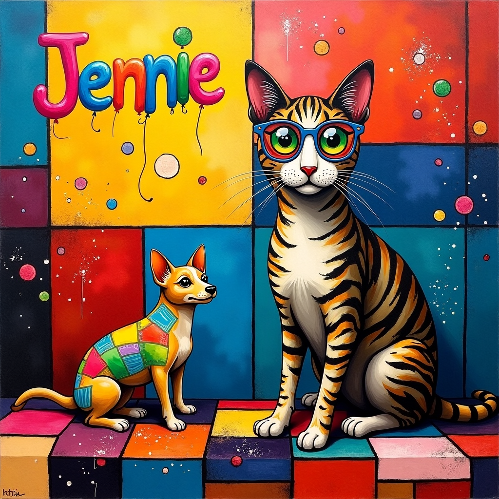 Tabby cat and  short haired chihuahua, and Bed quilt Birthday Card