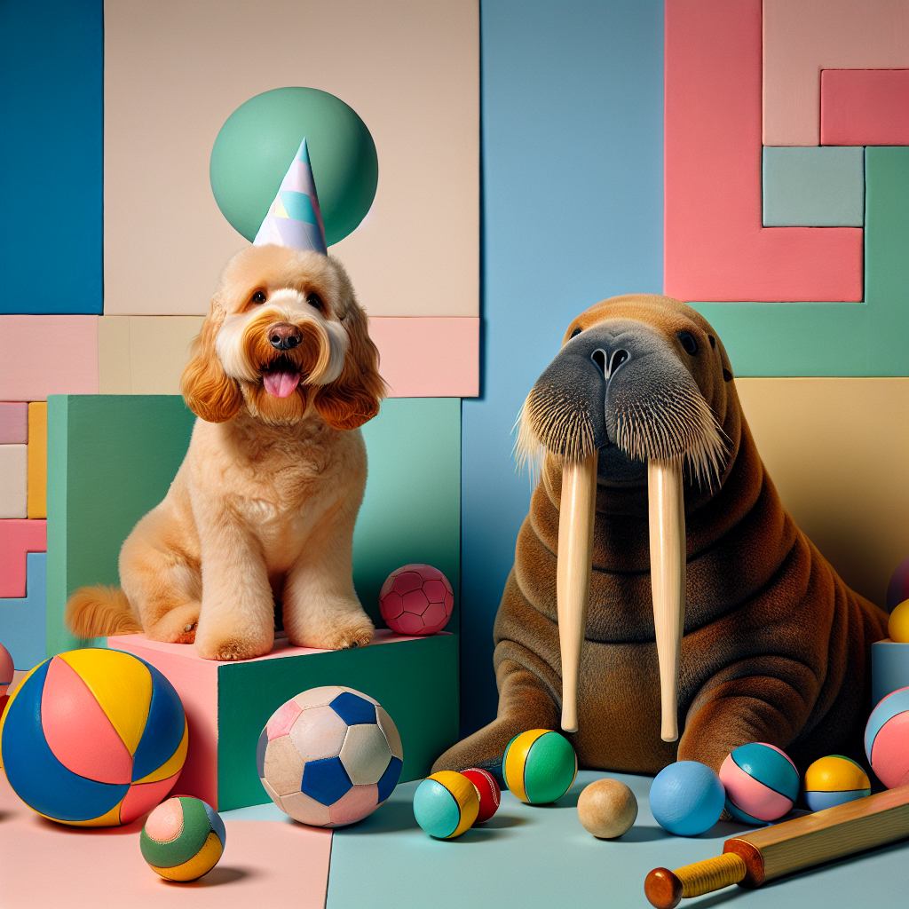 A whimsical birthday tableau combining abstract shapes and playful pastel colours. Central to this scene is a golden Cockapoo, with its tongue cheekily protruding, seated on a vibrant patchwork of classic soccer balls and wooden cricket bats, a nod to the beloved sports of England. Next to this, imagine a young walrus, endearing with its hairy innocence, sporting a party hat atop its small head. All these components come together to form a dreamlike, fantastical celebration of enjoyment and play.
Generated with these themes: England soccer, Gold Cockapoo with tongue out, Cricket, and Baby walrus.
Made with ❤️ by AI.