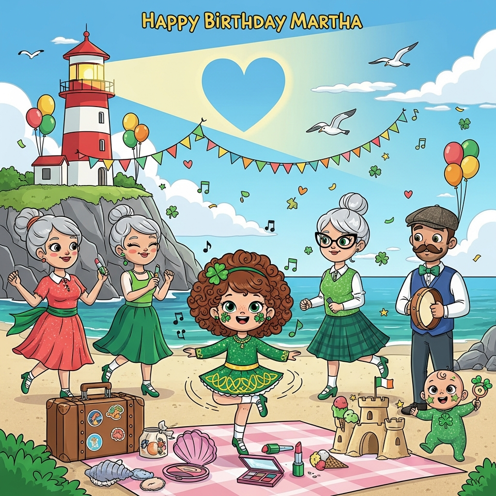 At the top of the Cartoon Style image, Happy Birthday Martha

Cute, playful cartoon scene with thick outlines, bright saturated colors, and whimsical, energetic poses. A sunny seaside holiday setting: a bold red-and-white lighthouse on a rocky cliff casts a warm, heart-shaped beam over a sandy cove decorated with rainbow bunting and balloons. Center foreground, Martha joyfully Irish dancing in a sparkly emerald dress with gold Celtic knot trim and a shamrock hair clip; big shining eyes, rosy cheeks with tiny shamrock face paint; one foot pointed mid-jig, curls bouncing, motion swirls and musical notes around her. Forming a lively circle around Martha and joining the Irish dance: mummy in a coral dress with glittery eye shadow and a green sash; daddy in a navy vest with a green bow tie and shiny ghillies; nana with a silver bun, cat-eye glasses and a twirly green skirt, playfully twirling a tiny lipstick like a baton; Nino, warm and jolly with a neat moustache and flat cap, stepping to the beat while tapping a small bodhrán; baby brother in a cute onesie and miniature dance shoes, bouncing with a shamrock rattle, cheeks sparkling with safe face-paint stars. Nearby on a picnic blanket: a suitcase covered in travel stickers, a seashell-shaped makeup palette open with colorful blush, lipstick and a fluffy brush, an ice cream, and a sandcastle topped with a tiny Irish flag. The turquoise sea glitters, seagulls loop through fluffy clouds, and confetti of shamrocks, hearts, and sparkles float in the air. Full-bleed portrait composition; exaggerated proportions, soft shading, and a bright palette of emerald green, ocean blue, sunshine yellow, and candy pink—super cute and celebratory Cartoon Style.

Add one small extra line of text on a ribbon near the bottom: “Shine bright, jig tonight!”
Generated with these themes: Irish dancing, makeup, lighthouse, holiday, baby brother, mummy and daddy, nana and Nino, and .
Made with ❤️ by AI.