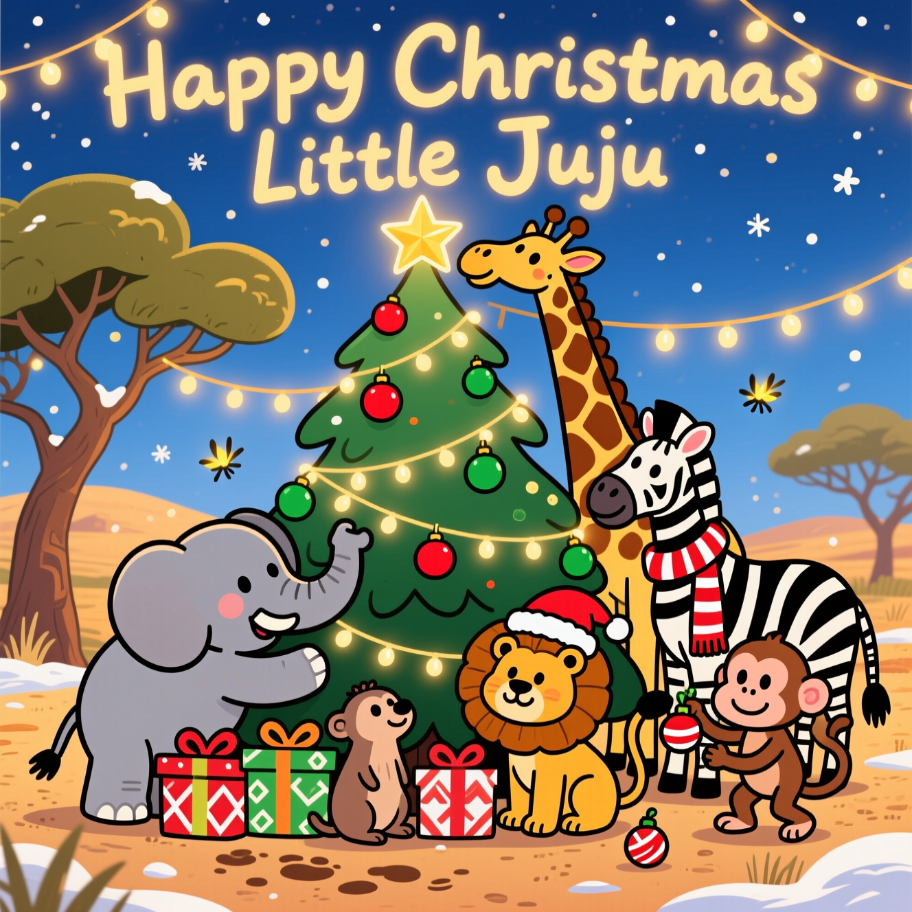 At the top of the Cartoon Style image, “Happy Christmas Little Juju” in warm hand-lettered script, softly glowing like fairy lights.

A sincere, cozy safari Christmas scene in playful Cartoon Style: a big, decorated acacia tree taking center stage as the “Christmas tree,” wrapped with twinkling string lights, red-and-green baubles, and a bright star at the top. Gathered around it are charming cartoon safari animals with exaggerated proportions, thick black outlines, and bright saturated colors—an elephant calf gently hugging a parent’s trunk, a giraffe stretching up to nudge the star, a zebra with a candy-cane scarf, a lion cub with a tiny Santa hat, curious meerkats peeking from gift boxes, and two friendly monkeys passing ornaments. Their poses are whimsical and energetic but their expressions are soft and heartfelt, radiating warmth and togetherness.

Lighting and mood: golden-hour glow melting into a starry indigo sky; the fairy lights cast a soft, comforting halo on the animals. Fireflies drift like gentle snowflakes, adding sparkle without actual snow. Soft 2D shading, clean shapes, and bold outlines keep the Cartoon Style crisp. Colors are vibrant and festive—lush greens, merry reds, warm golds, and sky blues—contrasted with the earthy savanna. Subtle details: patterned gift wraps with simple geometric motifs, a candy-cane stripe ribbon around the tree trunk, and footprints in the dust leading toward the gathering.

At the bottom, a small wooden sign with a candy-cane border reads: “Wishing you a wildly warm Christmas!”
Generated with these themes: Safari, and .
Made with ❤️ by AI.