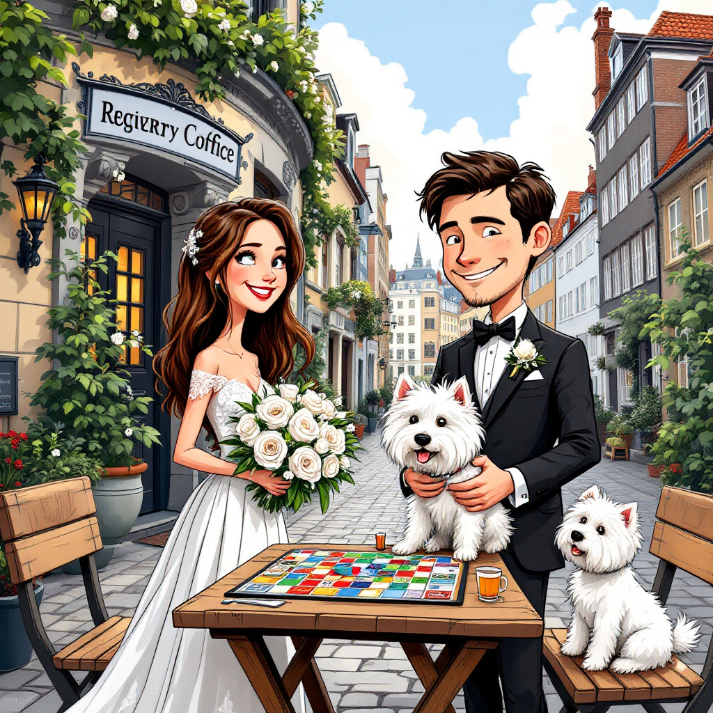 In this whimsical and detailed cartoon scene set outside a quaint Copenhagen registry office, Izzy and Martyn are depicted in a joyful and enchanting tableau. The cobblestone street, filled with the history of ancient architecture, forms the perfect backdrop, with a registry office that sports intricate carvings and a charming façade, reminiscent of an Hergé comic setting. Izzy, the bride with long brunette hair, stands to the left in her elegant white dress, the lace forming delicate patterns like the fine lines in a Winsor McCay illustration. Her vibrant bouquet of white roses is composed of bold outlines and dynamic splashes of color, echoing the playful style of Bill Watterson. Beside her, Martyn, with dark short hair, dons a sharp black suit, detailed with subtle cross-hatching reminiscent of Art Spiegelman’s graphic work. Martyn holds the leash of his fluffy white Spitz, whose tails wag so energetically they create a blur of movement akin to a Charles Schulz character in action.

The foreground features a wooden table set with a colorful board game, its pieces in mid-play, cleverly assembled to resemble a Gary Larson-esque comic gag. The game’s colors pop against the rustic wooden table, drawing the eye with Osamu Tezuka-like vibrancy. Surrounding the table are cheerful pots of daffodils, their bright yellow petals standing in stark contrast to the stone-grey of the surrounding buildings, each bloom meticulously inked as if in a classic Will Eisner panel. To the right of this quaint scene, a classic European bicycle with a basket full of more daffodils leans against the registry office wall. The bicycle’s vintage design and the intricate detail of the daffodil blooms inside the basket reflect a R. Crumb level of obsessive detail.

Every cobblestone is etched with care, capturing the texture underfoot as though inviting the viewer to step into the scene, and the fine patterns on Izzy’s dress seem to sparkle subtly with each glint of light reflected on the groom's glasses, bringing a Disney-like magic to the illustration. The entire scene feels alive with the story of Izzy and Martyn’s love, captured in a snapshot that’s rich in character and detail, like a moment plucked from the pages of a Tintin adventure.
Generated with these themes: The front cover of the wedding greeting card features a charming and whimsical scene set outside a quaint Copenhagen registry office, nestled in a cobblestone street with historical architecture in the background. The brunette with long hair bride, Izzy, radiates joy in her long white dress adorned with delicate lace and holding a vibrant bouquet of white roses. She stands next to her dark short haired groom, Martyn, who sports a sharp black suit. Martyn's hand rests gently on the leash of his white Spitz, whose fluffy tails wag energetically, adding a playful element to the scene.    In the foreground, a quaint wooden table is set up, showcasing a colorful board game in progress, symbolizing the couple's love for playful challenges and strategy. Surrounding the table are cheerful daffodils growing in pots, their yellow blooms creating a lively contrast against the stone-grey buildings.    To the right, a classic European bicycle with a basket full of more daffodils leans against the wall of the registry office, completing the picturesque scene. Tiny details such as cobblestone textures, the intricate patterns on the bride's dress, and the glint of light on the groom's glasses capture the spirit of the moment with an enchanting and heartfelt charm.    This scene brings together the essence of Copenhagen, the uniqueness of Izzy and Martyn's love story, and the delight of their registry office wedding, all while incorporating their fondness for board games and hist beloved white Spitz..
Made with ❤️ by AI.