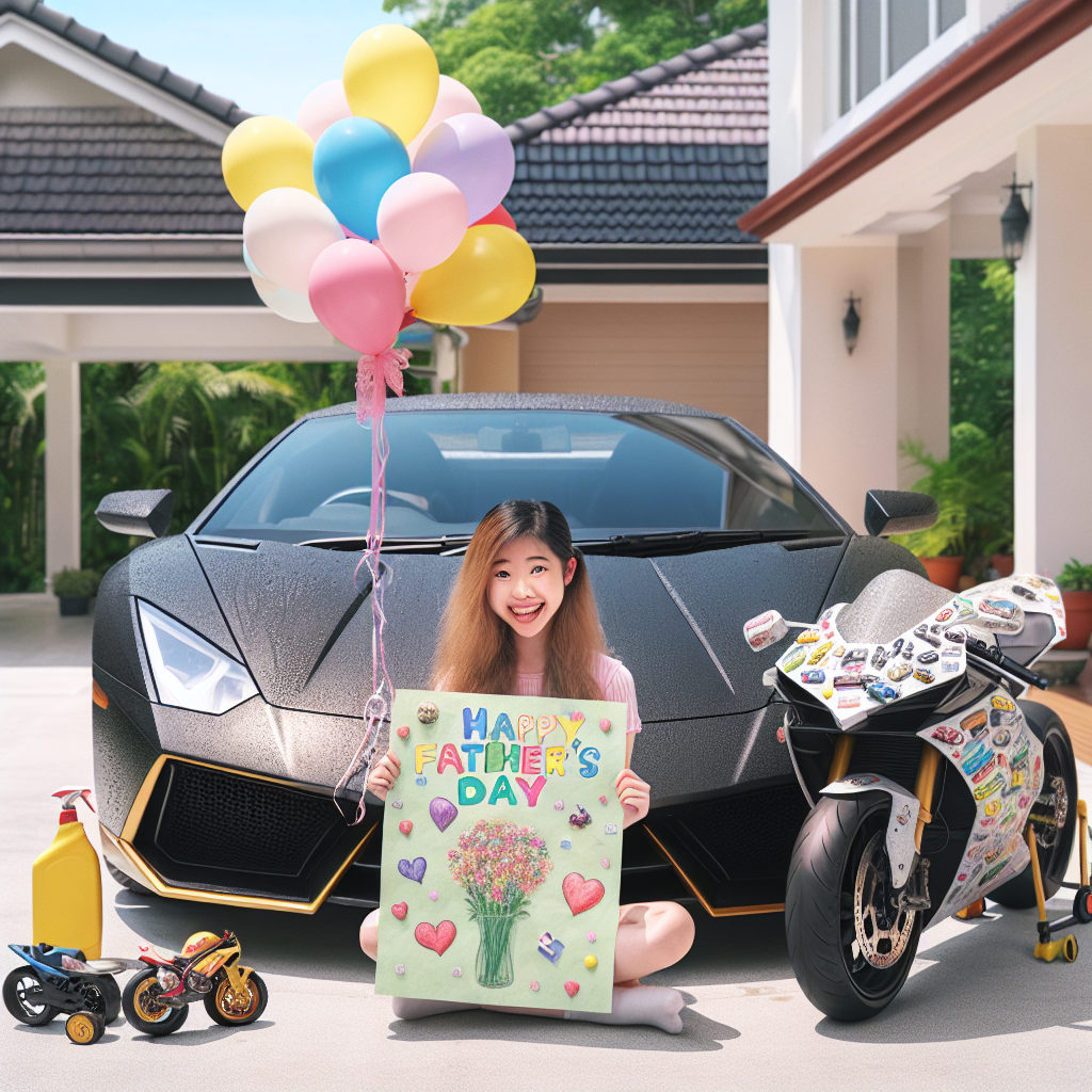 Imagine a sunny suburban driveway scene where a sleek, luxury sports car akin to a Lamborghini sits. A motorbike stylized like a popular game racing bike is nearby, adorned with a bunch of vibrant balloons that sway in the breeze. The central figure is a young Asian girl full of cheer and a playful smile, clutching an oversized homemade card embellished with tiny drawings of automobiles and motorbikes wishing 'Happy Father's Day'. An array of car-cleaning equipment is arranged around her. The implication: she's preparing a surprise for her father by cleaning the luxury car.
Generated with these themes: Motorbikes, Lamborghini , His daughter , and GTA.
Made with ❤️ by AI.