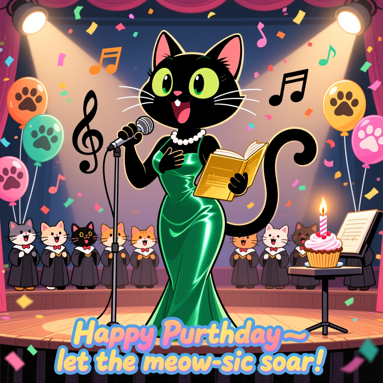 Playful cartoon scene with exaggerated proportions, thick black outlines, and bright saturated colors: an anthropomorphic female cat diva center stage, singing choral music in an elegant, sleek, floor-length satin dress (shimmering emerald-green), pearl necklace, big sparkling eyes and a dramatic wide “O” singing mouth. One paw on her chest, the other holding a golden sheet-music folder; her tail curls into a treble clef. Behind her, a semicircle of tiny kitten choristers in puffed choir robes belt along with over-the-top expressions. The concert-hall setting is festive: balloons shaped like musical notes, confetti swirling as eighth notes, a cupcake with a lit candle perched on the conductor’s stand casting a warm glow, and playful spotlights shaped like paw prints. Low-angle, energetic pose, chunky highlights, clean cel shading, bouncy, whimsical vibe. Include a small in-image caption at the bottom in a playful hand-lettered bubble font with thick outline and bright gradient fill, single line only: “Happy Purrthday—let the meow-sic soar!” No other text.
Generated with these themes: Female cat singing choral music in elegant sleek dress, and .
Made with ❤️ by AI.