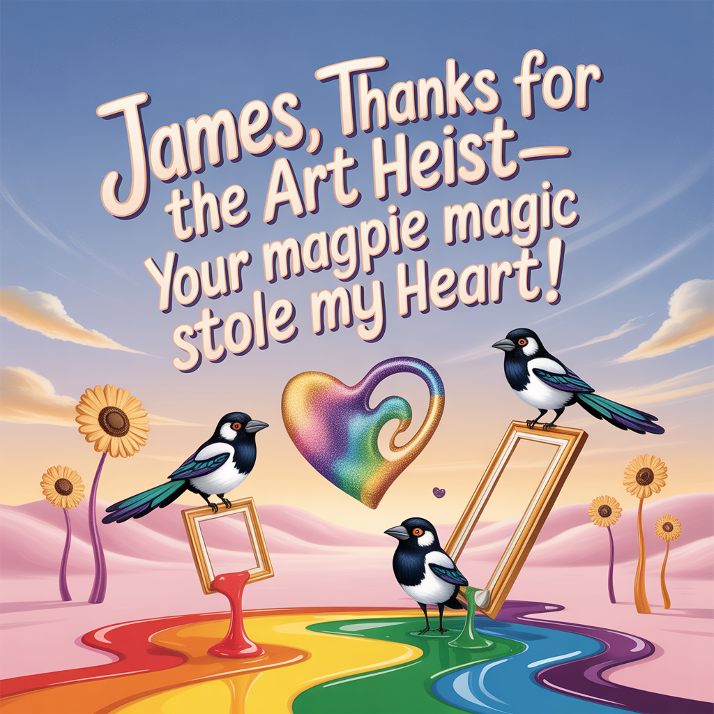 Magpies, art, James, and Thank-you Card