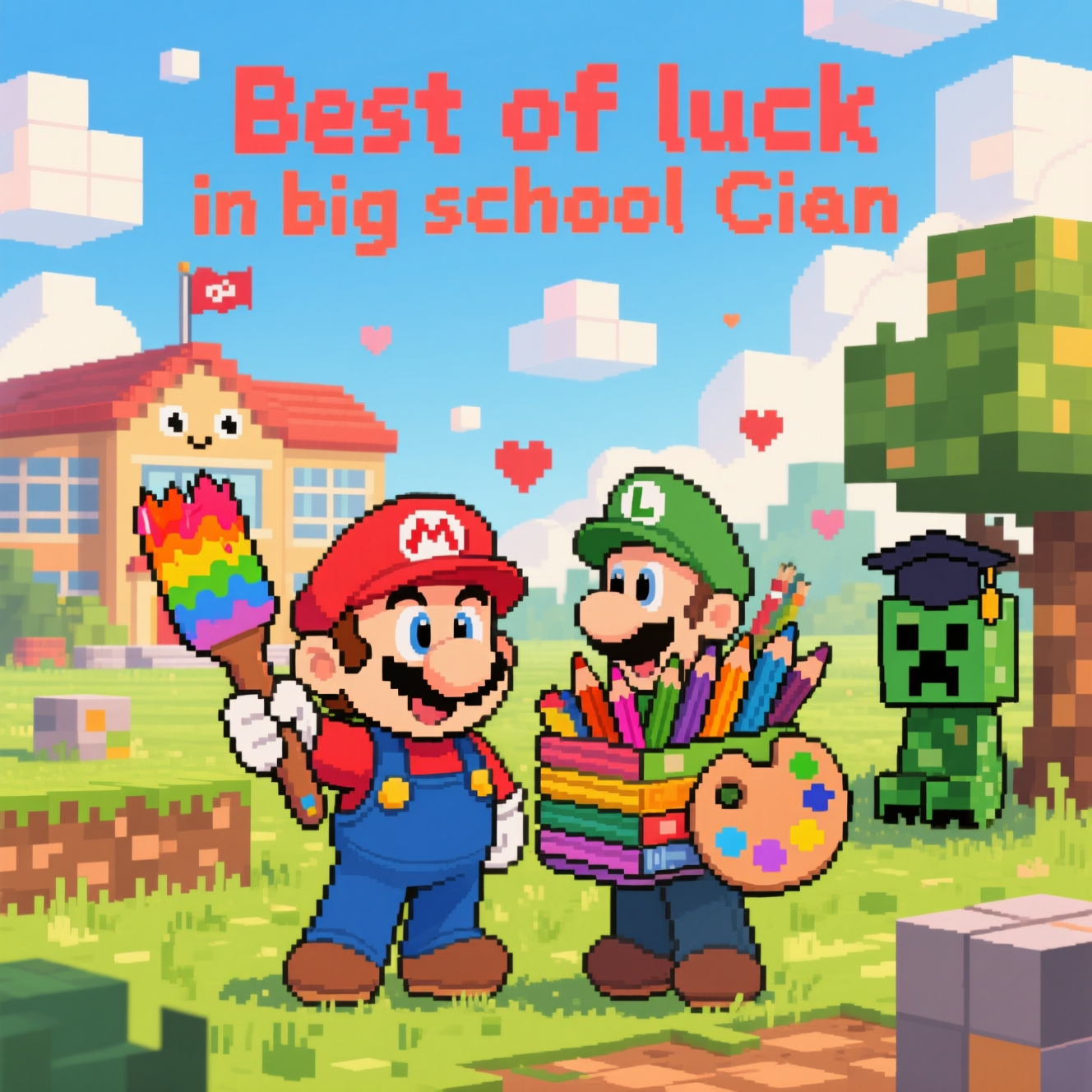 At the top of the Illustration Style image, write in playful, blocky pixel-art style letters: **Best of luck in big school Cian**.  

A cute, hand-drawn illustration with fine linework and textured brush strokes: Mario and Luigi in their cheerful, cartoony style, standing in a vibrant Minecraft landscape made of blocky grass, dirt, and sky cubes. Mario is holding a giant paintbrush dripping with bright rainbow paint, while Luigi is carrying an oversized stack of colourful art supplies—pencils, crayons, and a palette—made from Minecraft-style blocks. Behind them, a blocky school building with friendly eyes and a waving flag stands in the distance. A Creeper wearing a graduation cap peeks happily from behind a pixelated tree. The sky is filled with soft, fluffy, cube-shaped clouds, and tiny pixel hearts float around. Warm, expressive colors blend the Mario reds, Luigi greens, and Minecraft earth tones into a cozy, joyful palette.
Generated with these themes: Minecraft , Super Mario , Luigi, Art, and .
Made with ❤️ by AI.