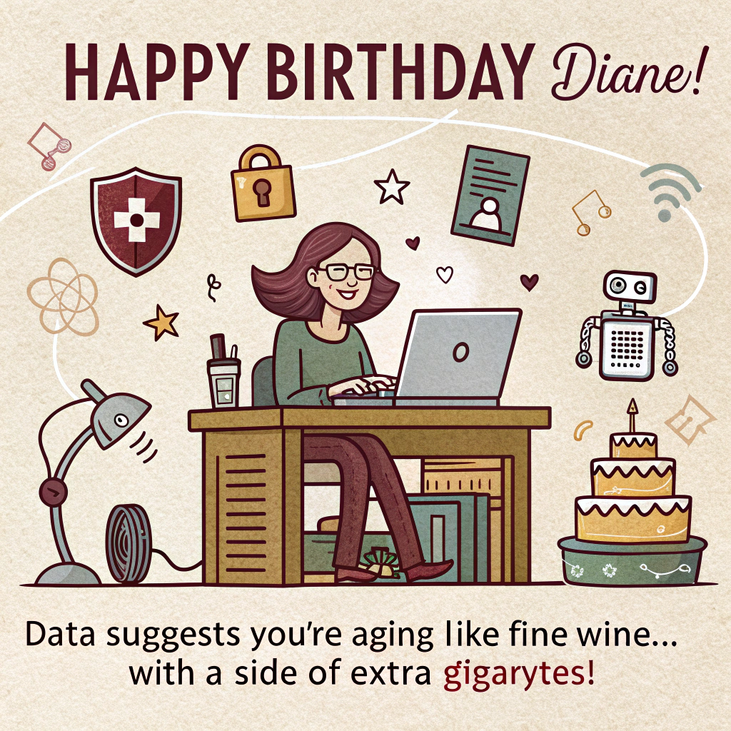  "Happy Birthday Diane!". include texas state university symbols, as well as data. AI, and cyber security symbols, and Birthday Card