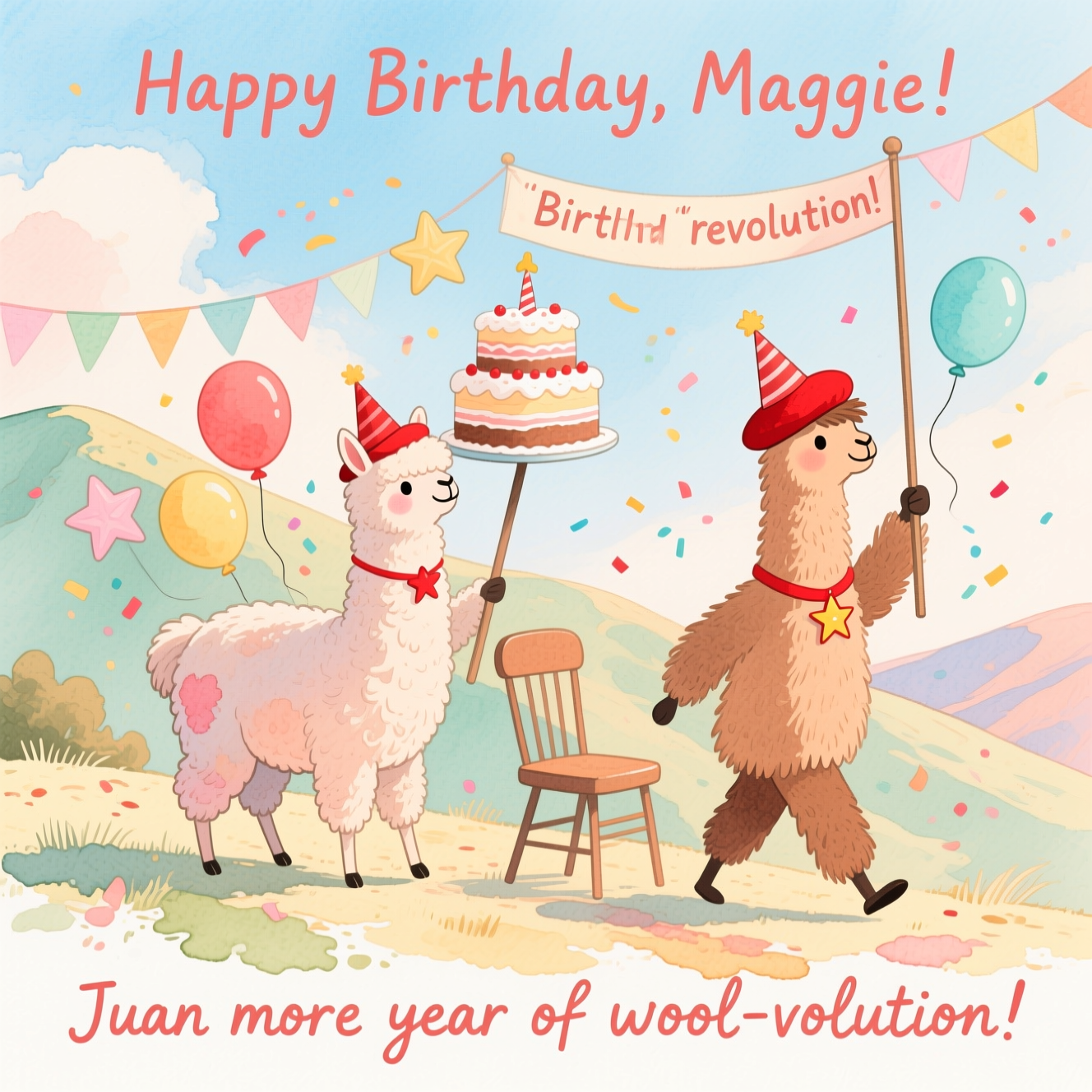 At the top of the Watercolor Style image, "Happy Birthday, Maggie!"

A playful, airy watercolor scene with soft washes and delicate gradients on natural cold-press paper: On a sunlit Andean hillside, a fluffy alpaca and a tall llama named Juan lead a cheeky “birthday revolution” parade. They wear tiny red party-berets and star pins, with festive cone hats slightly askew. Juan (the llama) strides forward like a charismatic chair-llama, proudly hoisting a pole that carries a tiered birthday cake like a banner, while the alpaca poses with a mock-serious “rally” stance. Pastel pennants flutter, star-shaped balloons bob, and confetti swirls around them. Keep their expressions adorably determined-yet-goofy, as if they’re organizing for extra slices of cake. Use soft wet-on-wet blends for the sky (powder blue to pale peach), sage and mint for the hillside, warm creams and camel browns for the fur, and blush reds for the accents. Let pigment blooms, backruns, and watery edges show; avoid hard outlines. Add feathery dry-brush strokes for wool texture and retain generous negative space so the image feels light and celebratory.

At the bottom of the Watercolor Style image, in playful hand-lettering, “Juan more year of wool-volution!”
Generated with these themes: Alpaca , Marxist , Llama , Juan, and .
Made with ❤️ by AI.