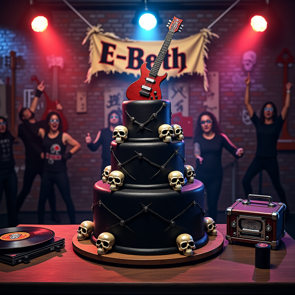 Front Cover Description:

The scene captures an electrifying heavy metal birthday bash with a realistic photograph style, exuding lifelike details. The setting is a dimly lit, rock-themed room with a stage at its center. 

1. **Foreground Elements**:
   - A towering birthday cake sits center stage, with a striking design resembling a guitar amp. The cake is predominantly matte black with glossy silver accents. Edible silver skulls, intricately detailed, are perched around its tiers. 
   - The top of the cake features an edible miniature electric guitar, complete with strings, nestled against a backdrop of tiny, edible flames.

2. **Skulls**:
   - Surrounding the cake, several lifelike skulls, each wearing distinct accessories like bandanas, sunglasses, or tiny earphones, are arranged as though they’re an attentive audience.

3. **Banner**:
   - Above the cake, a tattered banner stretches across the scene, with frayed edges and gothic lettering that reads "E-Beth". The letters are a metallic crimson, contrasting against the distressed, black fabric of the banner.

4. **Background**:
   - A backdrop resembling a brick wall, painted with graffiti art of heavy metal bands’ logos and motifs, including lightning bolts and chains.
   - An assortment of vintage and modern guitars hanging on wall-mounted stands. Each guitar has unique decals, such as flames or tribal designs.

5. **Lighting and Atmosphere**:
   - Stage lights cast dramatic, colorful beams - reds, purples, and blues - creating a vibrant, concert-like atmosphere.
   - A subtle fog effect on the stage floor, giving a sense of movement and depth.

6. **Additional Details**:
   - Partygoers' silhouettes can be seen, holding up the traditional "rock on" hand sign, adding to the authenticity of the scene.
   - A small stack of vinyl records and a vintage record player are positioned to the side of the stage, with one record cover prominently displaying a skull and crossbones symbol.

This dynamic scene encapsulates the fusion of heavy metal themes with birthday celebration elements, designed to capture attention and excite fans of the genre.
Generated with these themes: Heavy Metal, and Skulls.
Made with ❤️ by AI.