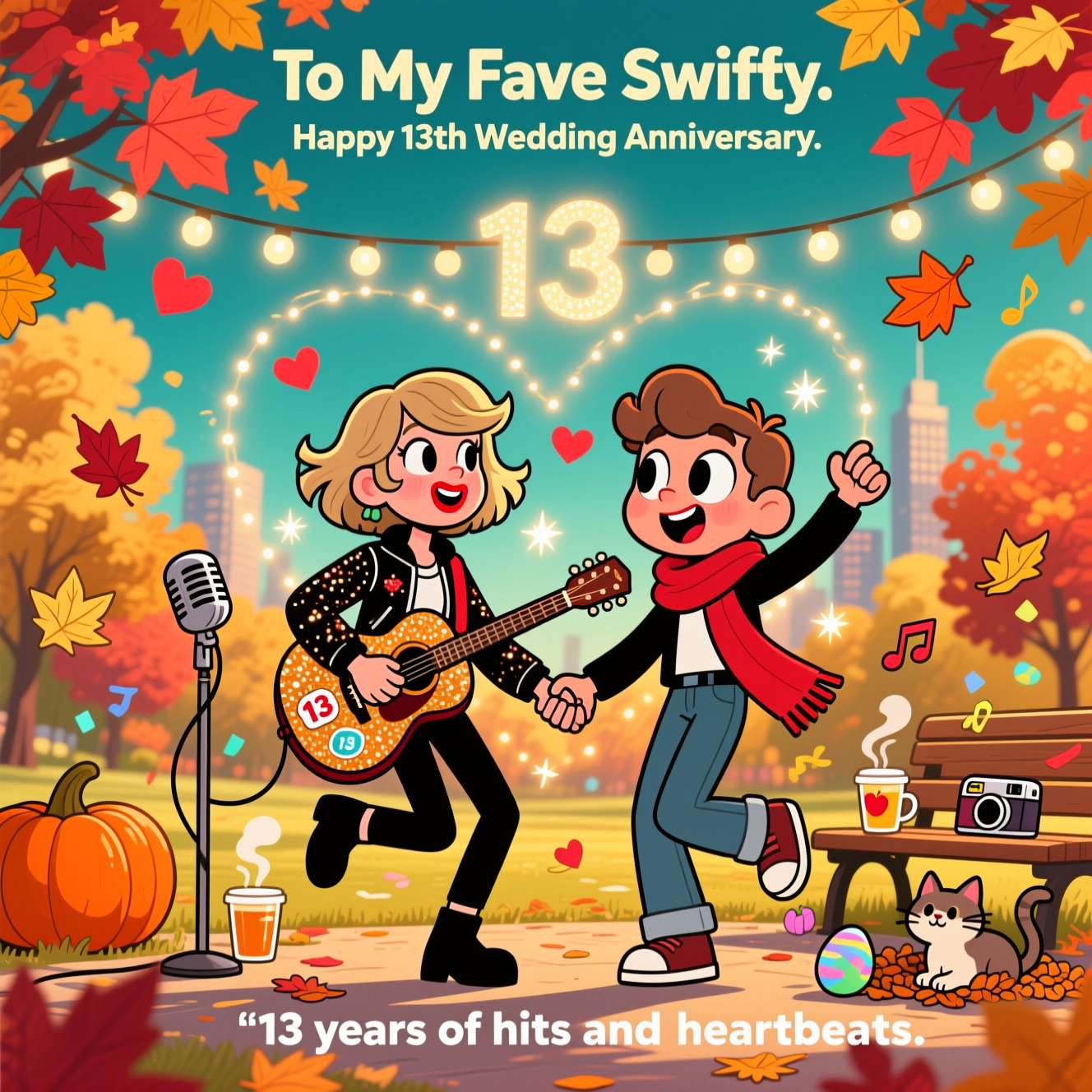 At the top of the Cartoon Style image, To My Fave Swifty. Happy 13th Wedding Anniversary

A large, image-first romantic cartoon scene in vibrant, saturated colors: golden-hour autumn park bursting with swirling crimson, pumpkin, and honey-gold leaves. Center stage, two playful cartoon characters with exaggerated proportions and thick black outlines twirl hand-in-hand under fairy lights. One is a Taylor Swift–inspired pop-star character (blonde fringe, classic red lipstick, sparkly jacket) strumming a glittery acoustic guitar with a tiny “13” sticker; the other partner shares a long cozy red scarf as they dance, both with big expressive eyes and whimsical, energetic poses. The leaves whirl into subtle heart shapes, star-sparkles glint around them, and a softly glowing “13” appears in the string lights overhead. Nearby: a vintage mic on a stand, a park bench with a Polaroid camera, takeaway apple-cider cups steaming, a cat-shaped leaf pile as a playful Easter egg, and tiny music-note confetti drifting through the air. Background: warm, dreamy bokeh through maple trees, distant city skyline hints, deep teal sky gradient for contrast. Composition: portrait orientation, full-bleed; the sky area leaves room for the top text; dynamic movement arcs from the swirling leaves. Style: bold, clean cartoon with thick outlines, bouncy proportions, flat shading, bright saturated palette, soft glow rim-lighting for warmth. Add a small ribbon at the bottom with one short playful line: “13 years of hits and heartbeats.”
Generated with these themes: Taylor Swift, Autumn, and .
Made with ❤️ by AI.