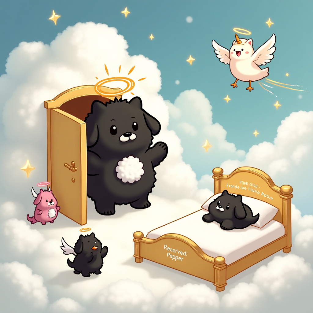 Eddy  Born as a singleton and one chunky ball of black fluff with a white chest  Gone to soon at 8yrs old , so sudden and totally unexpected 😭😭😭 Absolutely spoilt rotten  Loved his family  His human brother Frankie and his human sister Evie who loved spending time with Eddy  They would be in their rooms and there is a nose print on the door where Eddy would just push the door open just checking who was in the room and then go off leaving the door wide open !  Eddy loved the beach where he could run with his gorgeous sister Pepper and his canine cousins on a Sunday morning ,Pepper and Eddy loved each other and played together at home , although Eddy was much bigger than Pepper she was in charge and would boss Eddy about . They slept on mum and dad’s bed , well where else , however if pepper got on the bed first he would be too scared to jump up so had to be lifted up whilst Suzie would cover Peppers eyes    Braveest wuss going , would try to protect everyone but was a little wuss  He liked nothing more than to snuggle with his seagull that had seen better days  Eddy was a big personality and has left a massive hole in their lives . The house is very quiet now without barking Eddy letting you know he needs your attention   Eddy and Pepper loved playing with my two , Lexi and Maggie . They would all be so excited to see each other and got on so well . Pepper was ok when she came here today , quite happy to see my girls   Pepper is struggling a little bit and following Suzie around all the time  I’ve bought her a new toy , a pink unicorn , she took to it straight away so hope it gives Pepper some comfort Sympathy Card