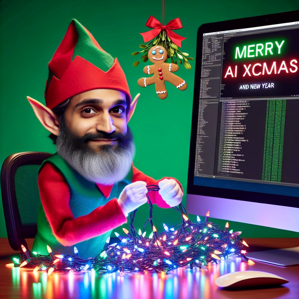 An elf is playfully tangled in a string of colorful Christmas lights, attempting to decorate a computer that's running a holiday algorithm. Above the screen, mistletoe is attached, and the text 'Merry AI Xmas and New Year' is displayed cheerfully on the monitor amidst animated gingerbread men and candy canes.
Generated with these themes: computer.
Made with ❤️ by AI.