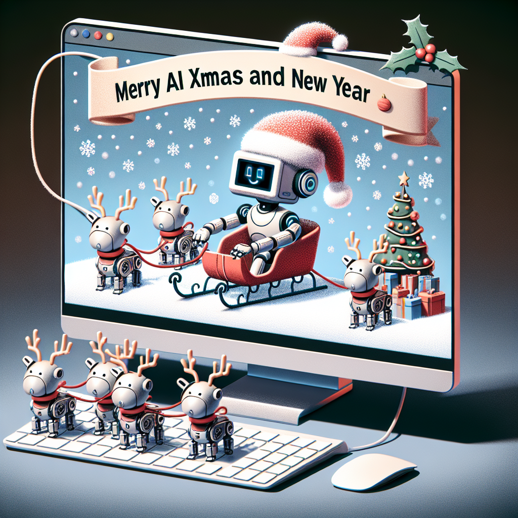 A cartoonish computer dons a Santa hat, its screen featuring a comical AI character in a sled, led by a team of robotic reindeer. Snow digitally cascades down the interface, and the prominent message 'Merry AI Xmas and New Year' loops in a festive font, surrounded by virtual holly and ornaments.
Generated with these themes: computer.
Made with ❤️ by AI.