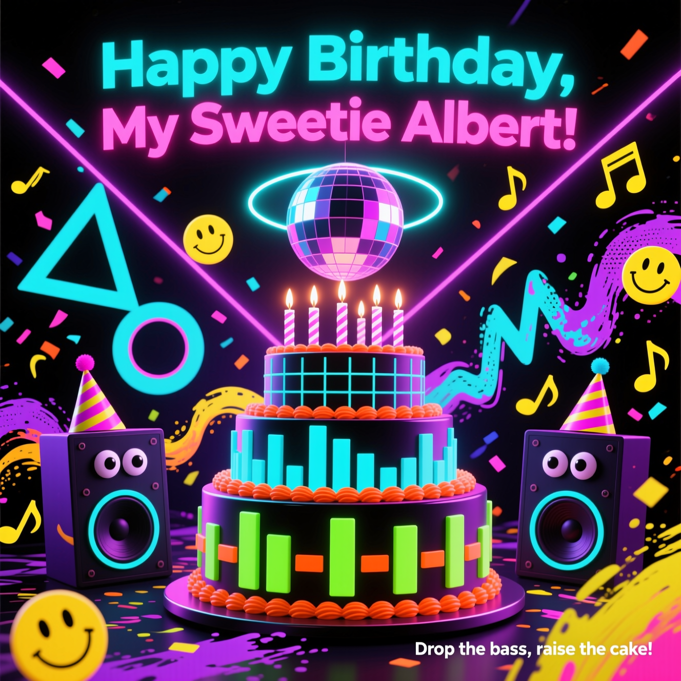 At the top of the Abstract Style image, place the text "Happy Birthday, My Sweetie Albert!" in a chunky geometric sans serif, neon gradient (electric cyan → hot pink) with a soft glow, gently arced like a spinning vinyl.

Full-bleed, high-energy abstract rave scene: a central “birthday cake” built from stacked equalizer bars pulsing upward, each tier a grid of neon rectangles, topped with glow-stick candles emitting UV halos. Surround it with bold geometric shapes (triangles, circles, zigzags, chevrons) and fluid, painty sound-wave ribbons that swirl and collide. Crisscross sharp laser lines and a faceted disco-sphere that splits light into prismatic shards. Add cheeky humor: two oversized concentric-circle “speakers” that read like googly eyes wearing tiny party hats, scattered yellow smiley motifs peeking from shapes, and confetti bursts of musical-note glyphs. Emphasize modern expressive textures: dynamic brush-stroke streaks, splatters, and subtle halftone fields layered with glossy neon edges.

Color palette: inky midnight/black backdrop with ultraviolet purple, electric cyan, hot magenta, acid lime, tangerine, and punchy yellow—high-contrast and luminous, like under blacklight. Strong diagonals and motion lines for a kinetic, raving vibe. Keep it abstract and stylized—no realistic people—just rhythm, motion, and mischief.

Add a small, funny caption at the bottom right: “Drop the bass, raise the cake!” in a slim techno font, white with a neon outline.
Generated with these themes: Raving, and .
Made with ❤️ by AI.