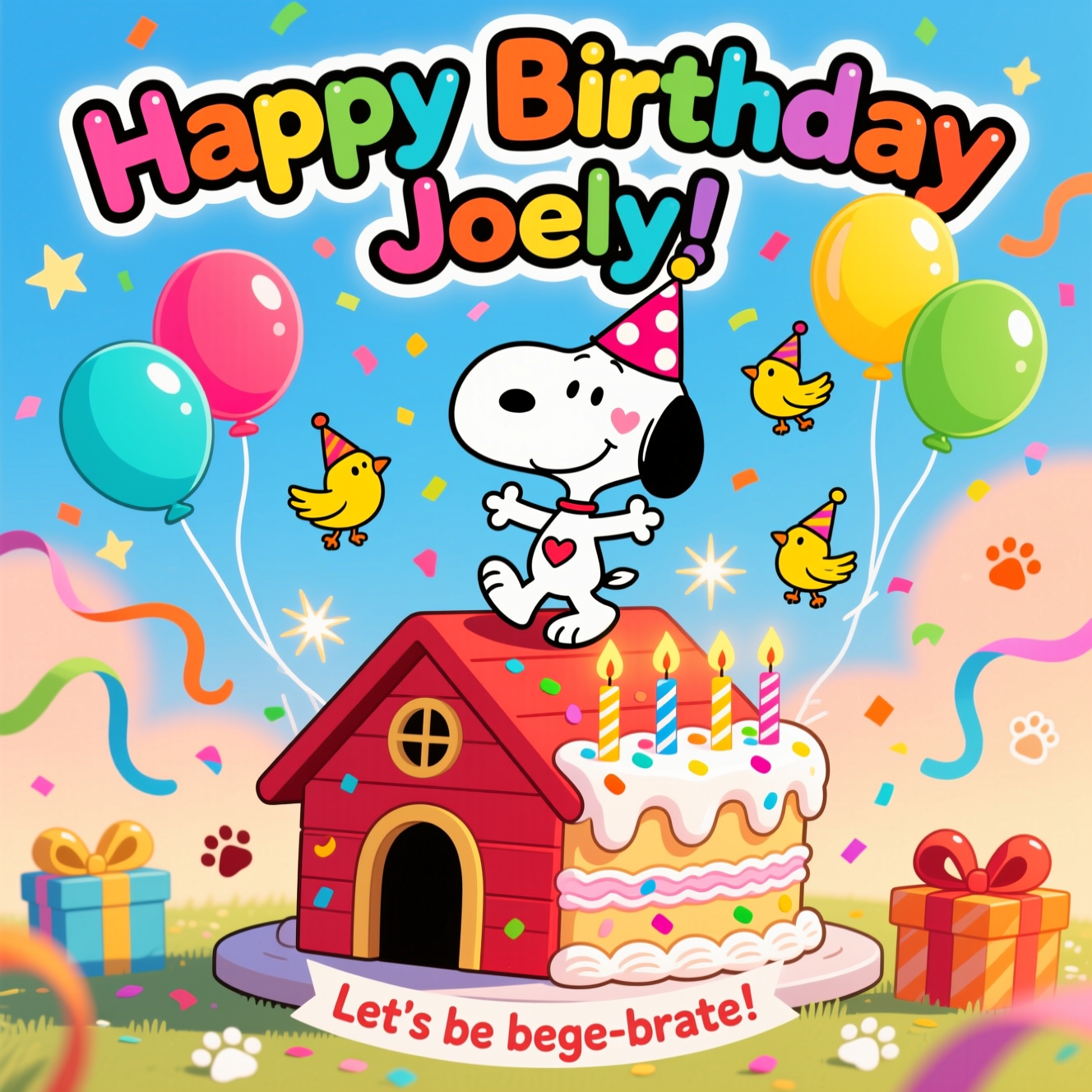 At the top of the Cartoon Style image, “Happy Birthday Joely!” in chunky rainbow balloon letters with thick black outlines and a soft white glow.

A cute, playful scene featuring Snoopy mid-dance atop a giant red doghouse turned into a frosted birthday cake, striped candles glowing and colorful sprinkles flying. Snoopy wears a tiny polka-dot party hat, ears flapping, big smile, and little heart-shaped blush marks. Woodstock and a few tiny yellow bird friends zip around with mini party hats, carrying strings of balloons and tossing confetti. Surround them with bright, saturated colors, thick outlines, and whimsical energy: swirling streamers, star sparkles, and balloons in cyan, magenta, lemon yellow, lime, and tangerine. Background is a sunny sky gradient from candy blue to warm peach, full-bleed, with generous headroom for the top text; central composition with exaggerated proportions and bouncy motion lines. Soft, cheerful lighting with glossy highlights on balloons and cake frosting, and a subtle shadow beneath the doghouse cake. Small secondary caption near the bottom on a curved ribbon: “Let’s beagle-brate!” in playful script with a bold outline. Add tiny paw-print confetti and a couple of gift boxes with big bows, keeping the overall mood ultra-cute and celebratory.
Generated with these themes: Snoppy, and .
Made with ❤️ by AI.