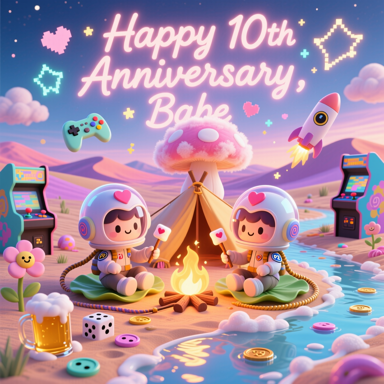 At the top of the Surreal Style image, "Happy 10th Anniversary, Babe" in soft glowing hand-lettered script, pastel-neon, gently shimmering like a heat-haze mirage.

A cute dreamlike surreal scene: twilight desert of candy-colored dunes made from melting arcade cabinets and joystick hills, elongated shadows and ethereal glow. Center stage, a cozy heart-shaped campfire whose flames curl into a fluffy cotton-candy mushroom cloud, lighting everything with warm amber and rose. Two chibi retro-future explorers (P1 and P2 patches), with oversized bubble helmets and heart-shaped visors, sit cross-legged on giant bottlecap lily pads, toasting heart-marshmallows on twigs made from braided controller cords. A lazy river of golden beer winds through the landscape, its frothy foam rising as smiling cloud-hearts and tiny star-sparkles. Around them, levitating game controllers and pixel-heart constellations drift in the sky, arranging themselves into a glowing number “10.” Bottle-rocket flowers with happy faces sprout from the sand; dice, buttons, and coins melt into playful puddles. Soft, otherworldly lighting, pastel palette (honey gold, blush pink, mint, lavender, sky blue), painterly textures, whimsical details, no logos.

Add one small cheeky caption near the bottom, floating on a ribbon of foam: Level 10: Still co-op, still cozy, still beer-y in love.
Generated with these themes: Fallout, games, campfires, beer , and .
Made with ❤️ by AI.