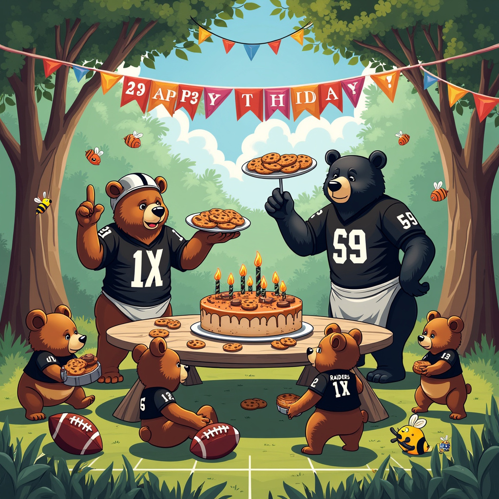 Picture a whimsical birthday celebration set in a sunny, grassy clearing surrounded by dense, green forest. At the center of the scene, a large picnic table is laden with colorful birthday decorations, including a banner that reads "Happy Birthday" strung between two tall, leafy trees. A motley crew of cartoon bears are gathered around the table. 

On one side, two brown bears are hilariously dressed in Las Vegas Raiders jerseys, their faces painted in the team’s black and silver colors. One bear, wearing a quarterback’s helmet, is precariously balancing a large plate of cookies on one paw, while using the other paw to signal a touchdown with a foam finger. 

On the other side, an Asiatic black bear with a crescent-shaped white mark on its chest is wearing a chef’s hat and apron. This bear is proudly holding a tray of freshly baked, oversized cookies, complete with chocolate chips that look like tiny footballs. Its apron is humorously adorned with the Raiders logo and covered in flour. 

Scattered around the grass are more bears, both brown and black, who are partaking in various playful activities. One bear is juggling football-shaped cookies, while another is trying to throw a cookie through a hula hoop adorned with a "Go Raiders" pennant. 

In the background, two small bear cubs, one brown and one black, are playfully tussling over a Raiders football, their antics bringing a smile to everyone’s face. A large birthday cake, shaped like a football field and decorated in black and silver icing, sits prominently on the table, with candles spelling out the birthday age.

Adding to the festive chaos, a bannered blimp flies overhead with the words "Cookies, Bears & Touchdowns!" and a friendly cartoon bee buzzing around it. Near the picnic table, a boom box is playing catchy tunes, complete with musical notes floating in the air, adding to the sense of joyous celebration. 

The scene is bursting with energy and fun, with each bear contributing to a lively and quirky birthday party that perfectly blends the themes of brown bears, Asiatic black bears, Las Vegas Raiders, and, of course, cookies.
Generated with these themes: Brown bears, Asiatic black bear, Las Vegas Raiders , and Cookies.
Made with ❤️ by AI.
