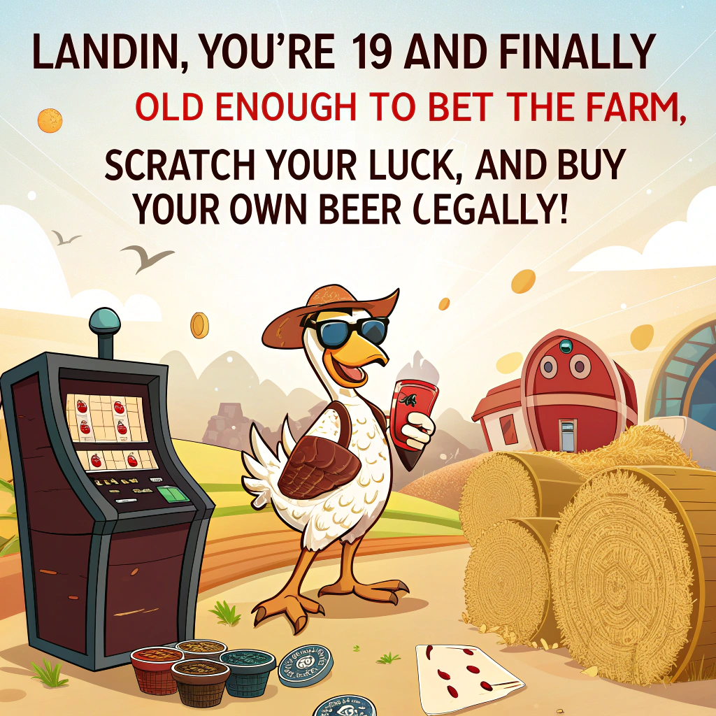 At the top of the image, "Landin, you're 19 and finally old enough to bet the farm, scratch your luck, and buy your own beer (legally)!"

- In the center of the cartoon, depict a wild farmyard casino scene. A chicken in sunglasses is furiously pecking at a giant scratch-off ticket shaped like a hay bale. A cow with a poker visor is sitting at a slot machine shaped like a rusty tractor, udders crossed for luck. Nearby, Landin (drawn cartoon-style with exaggerated excitement) is holding a frothy mug of beer in one hand and waving a winning lotto ticket in the other while sitting in a rocking chair made of stacked beer kegs. A sheep in a dealer visor is dealing corn kernels as poker chips on a hay bale table.

- Behind them, a giant barn lit up with neon signs says “Welcome to FARM VEGAS – Scratch It Big!”

- Confetti made of scratch ticket shavings falls from the sky. One of the pigs is seen sliding across a rainbow-colored beer slip-n-slide screaming “JACKPOT!”

- Add a chicken clucking a banner that reads, “Feather your nest – it’s your lucky day, Landin!” at the bottom of the image.
Generated with these themes: Beer, Gambling , Farm, 19 , Funny, Lotto, Slot , and Scratch Ticket.
Made with ❤️ by AI.